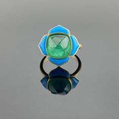 Certified 5.33 carat Emerald Sugarloaf Cabochon and Turquoise Cocktail Ring