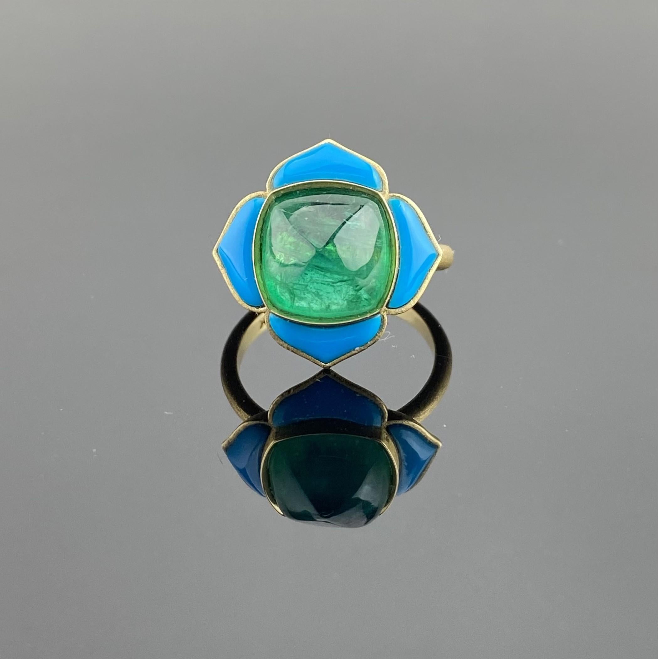 Certified 5.33 carat Emerald Sugarloaf Cabochon and Turquoise Cocktail Ring For Sale 1