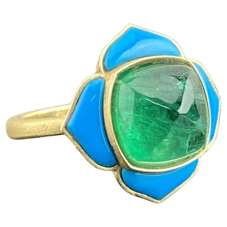 Certified 5.33 carat Emerald Sugarloaf Cabochon and Turquoise Cocktail Ring