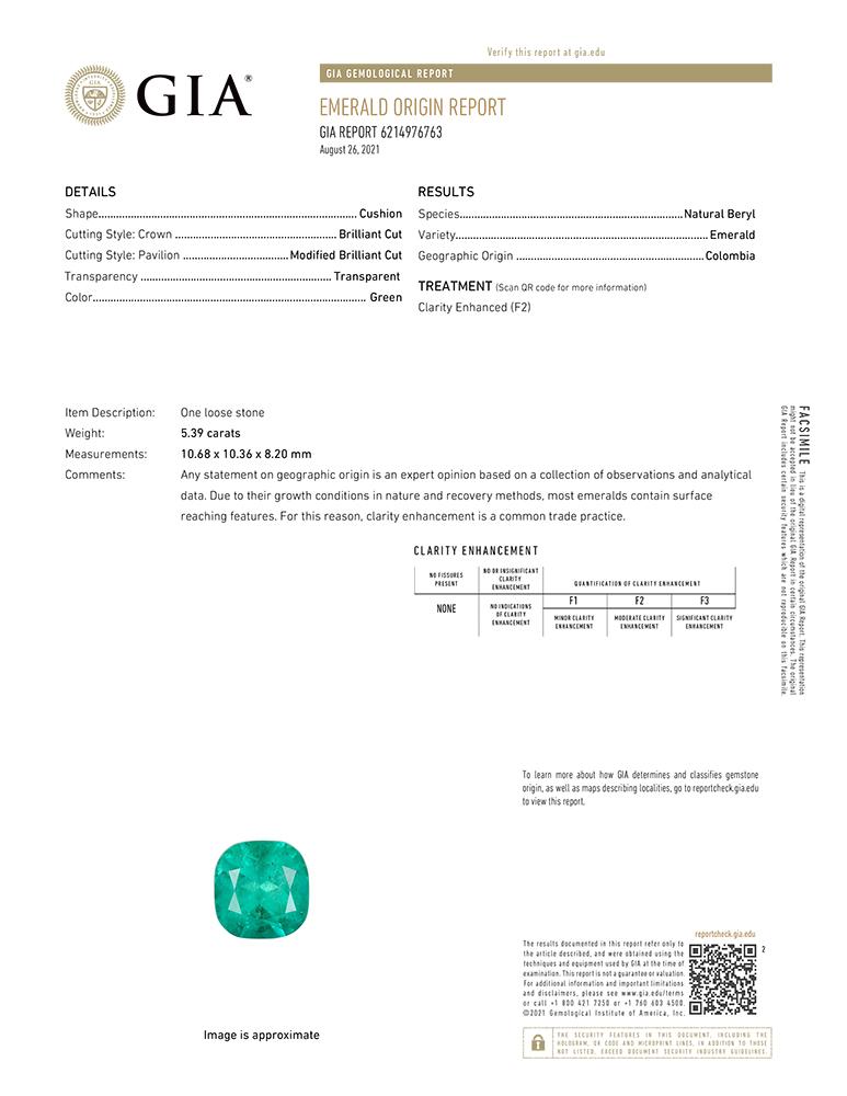 GIA Certified 5.39 Carat Natural Colombian Emerald Ring — Half Moon Diamonds in Platinum

A rare and radiant treasure.
This GIA certified 5.39-carat natural emerald, of Colombian origin, showcases a mesmerizing and richly saturated green — the