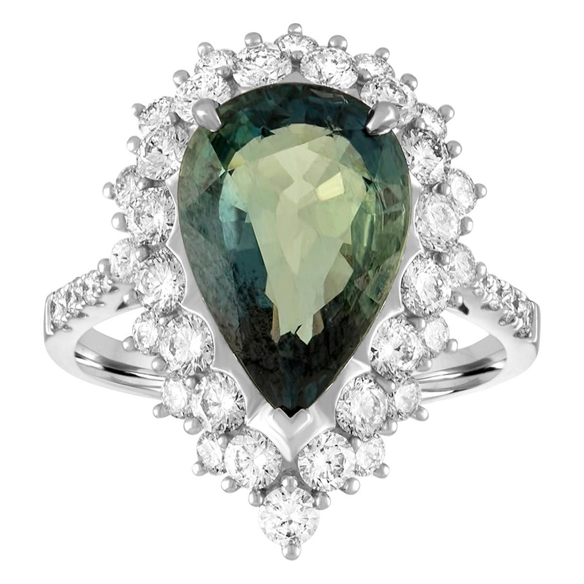 Bague en or avec saphir bleu verdâtre et diamant certifié 5,40 carats sans chaleur. en vente
