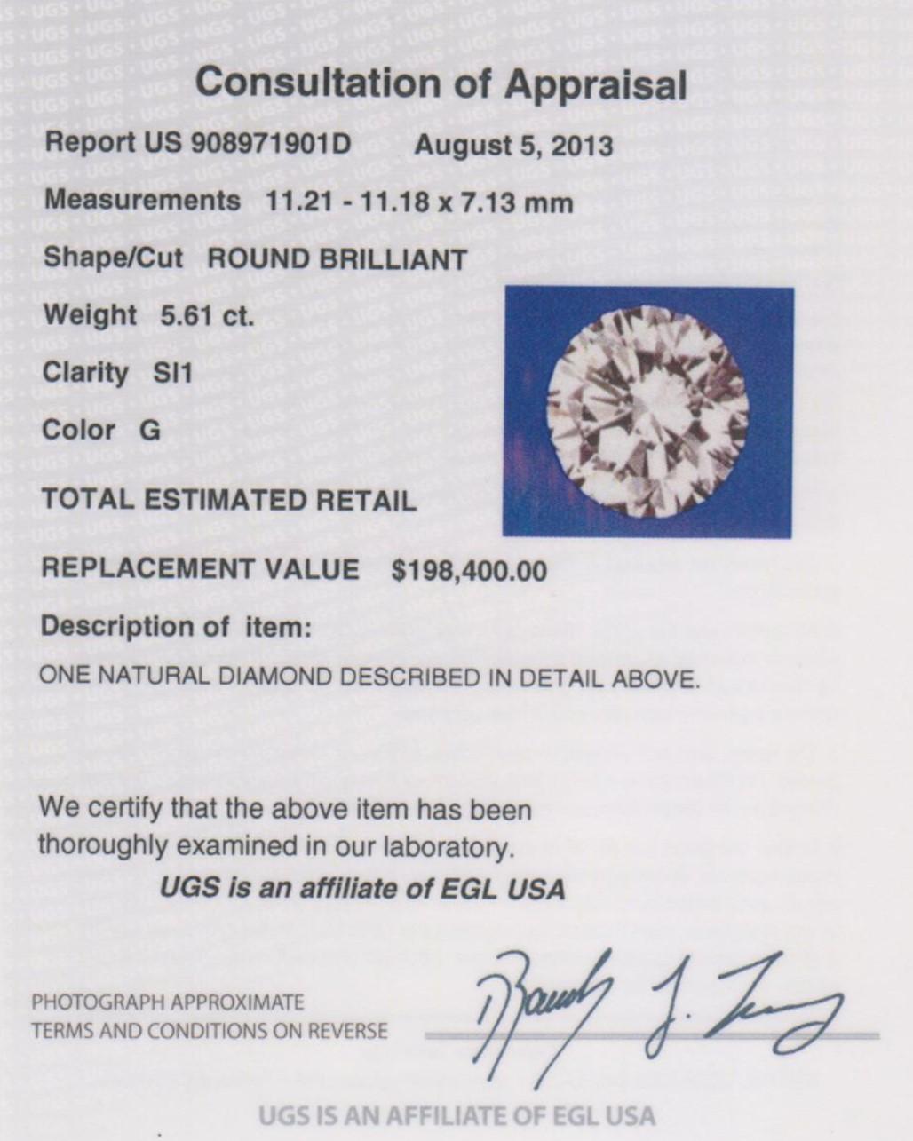 Certified 5.61 Carat Round, G color SI1 clarity, Diamond 18 Karat Yellow Gold 5