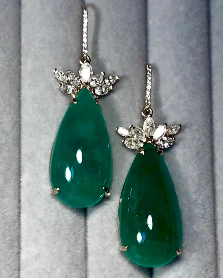 Contemporary Certified 56.27 Carat Colombian Emerald and Diamond Earrings 18K For Sale