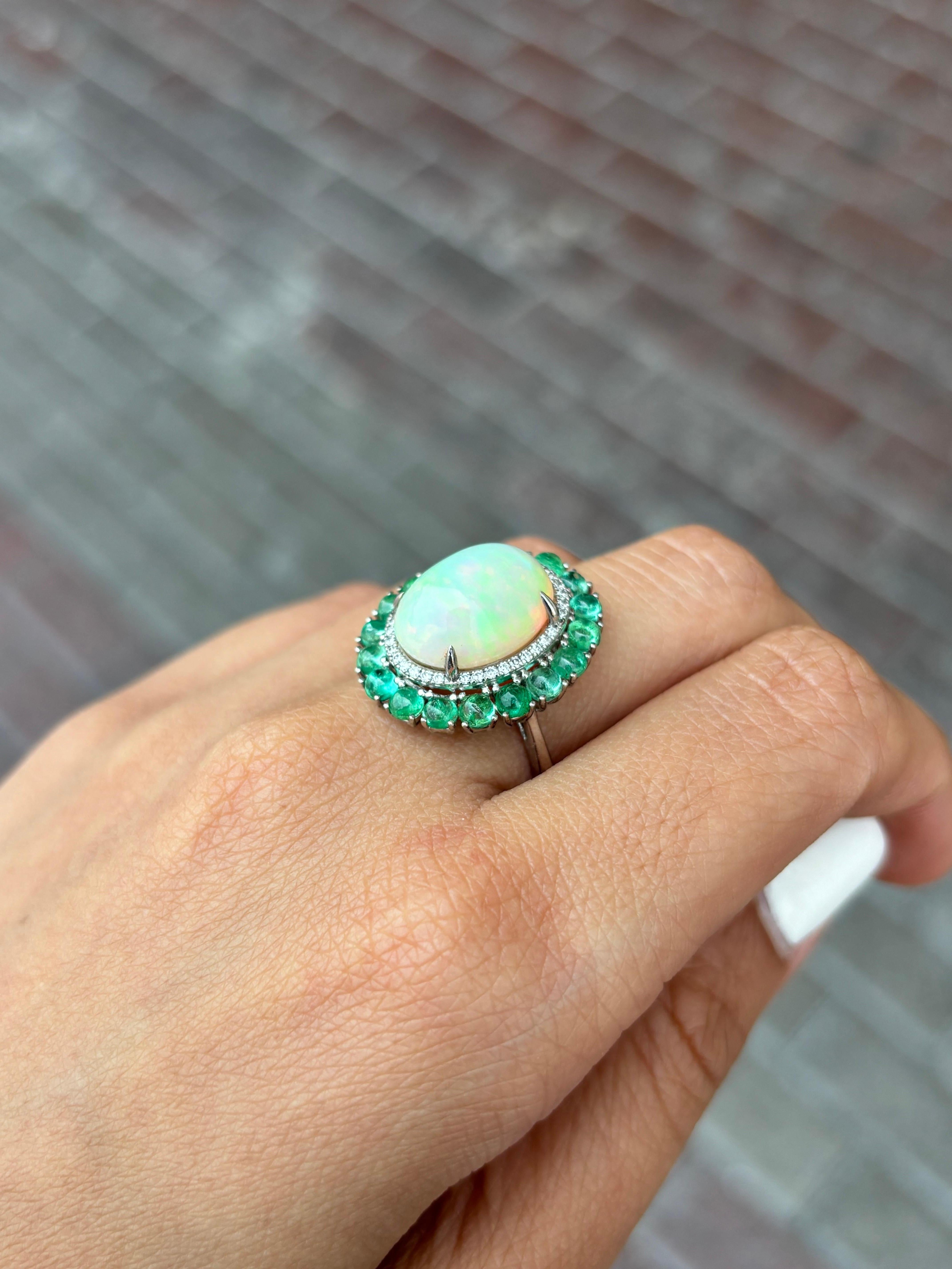Modern Certified 5.64 Carat Cabochon Opal and Emerald Cocktail Ring For Sale