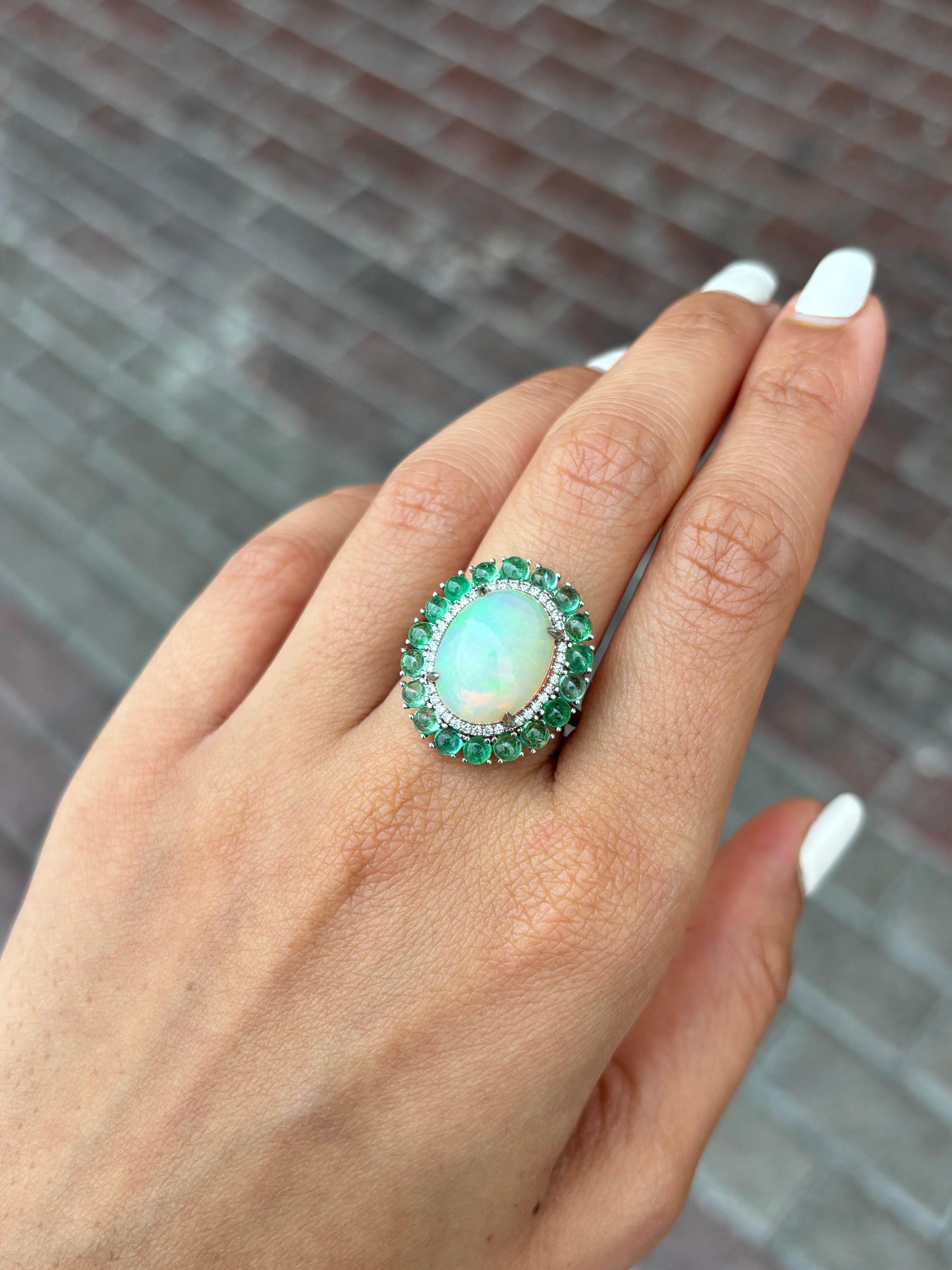 Certified 5.64 Carat Cabochon Opal and Emerald Cocktail Ring For Sale 1