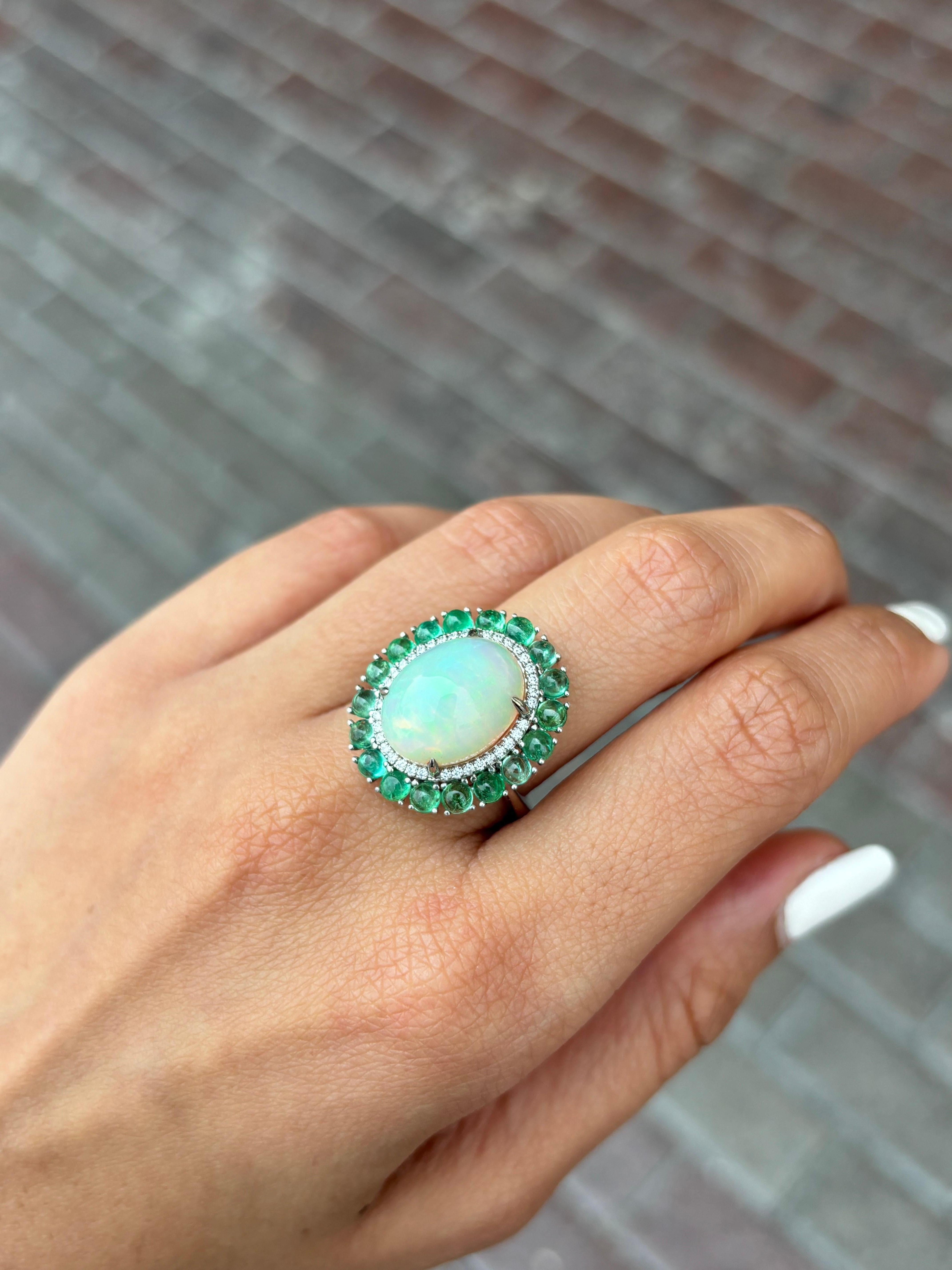 Certified 5.64 Carat Cabochon Opal and Emerald Cocktail Ring For Sale 2