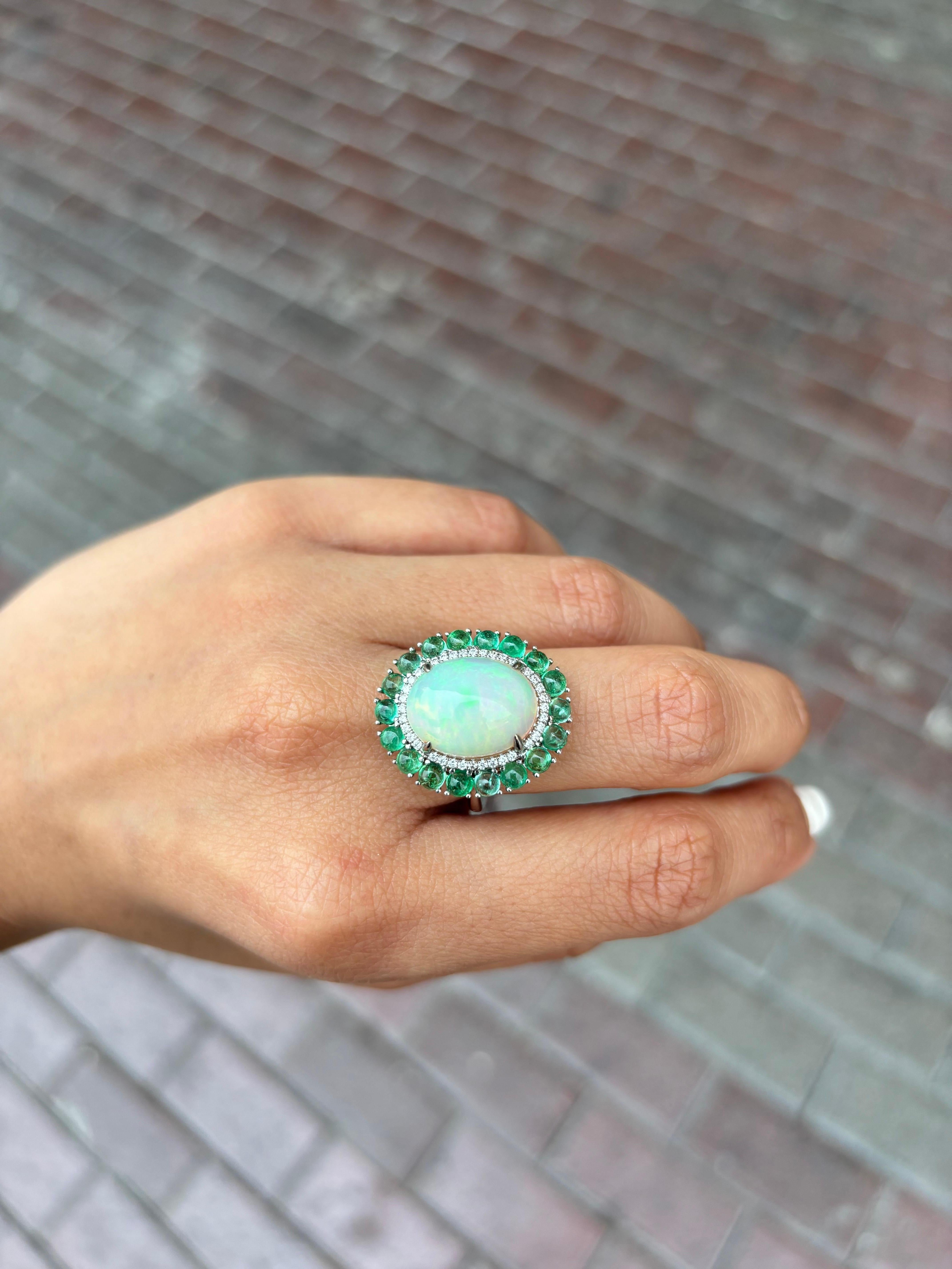 Certified 5.64 Carat Cabochon Opal and Emerald Cocktail Ring For Sale 3