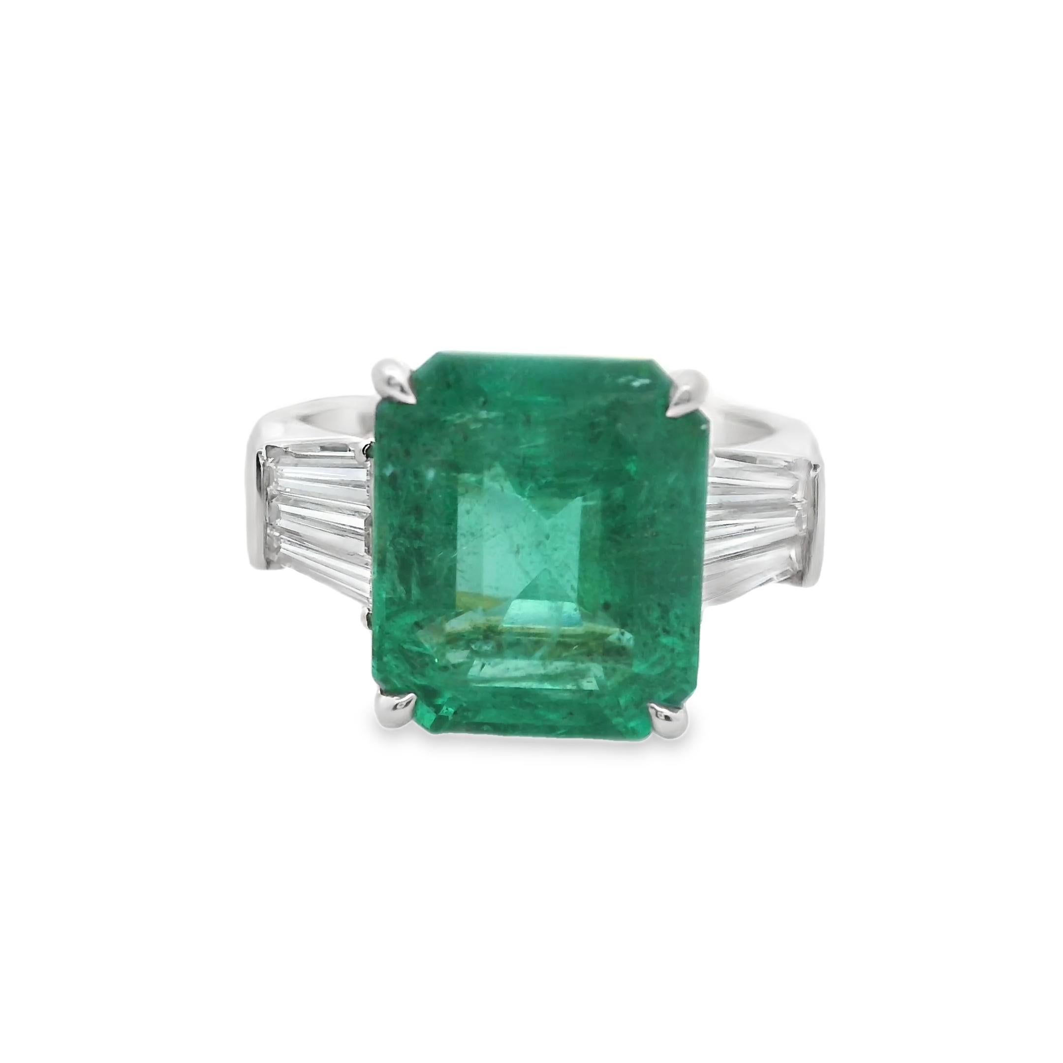 Certified 5.64 ct Zambian Emerald Step Cut Baguette Diamond Side Stone Ring