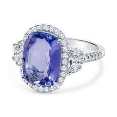Certified 5.68 Cushion Cut Natural Violet Sapphire & Diamond Cocktail Ring
