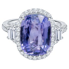 Certified 5.68 Cushion Cut Natural Violet Sapphire & Diamond Cocktail Ring
