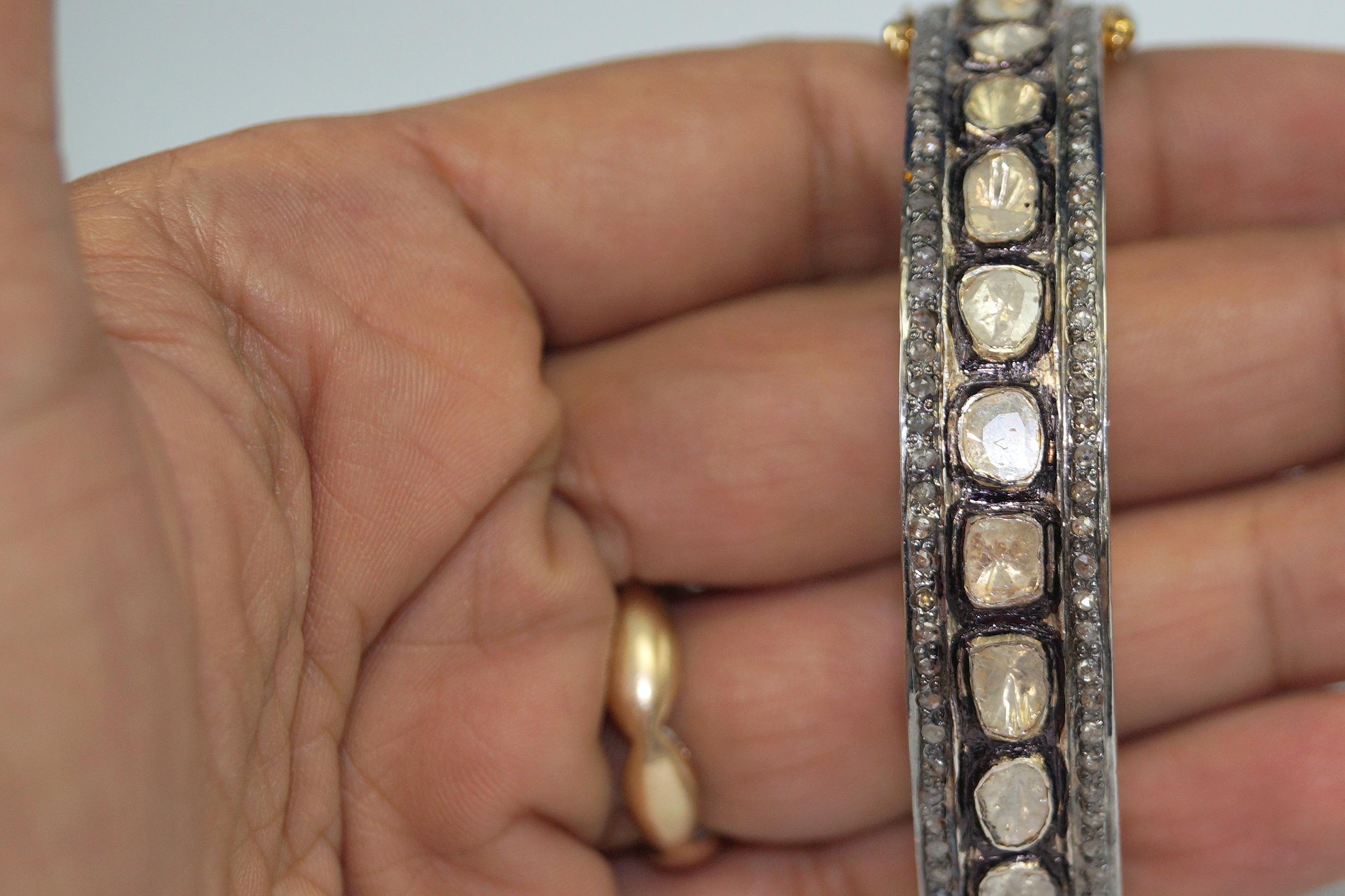 Art Nouveau Certified 5.70 carat natural uncut Diamonds sterling silver Gold plated bracelet For Sale