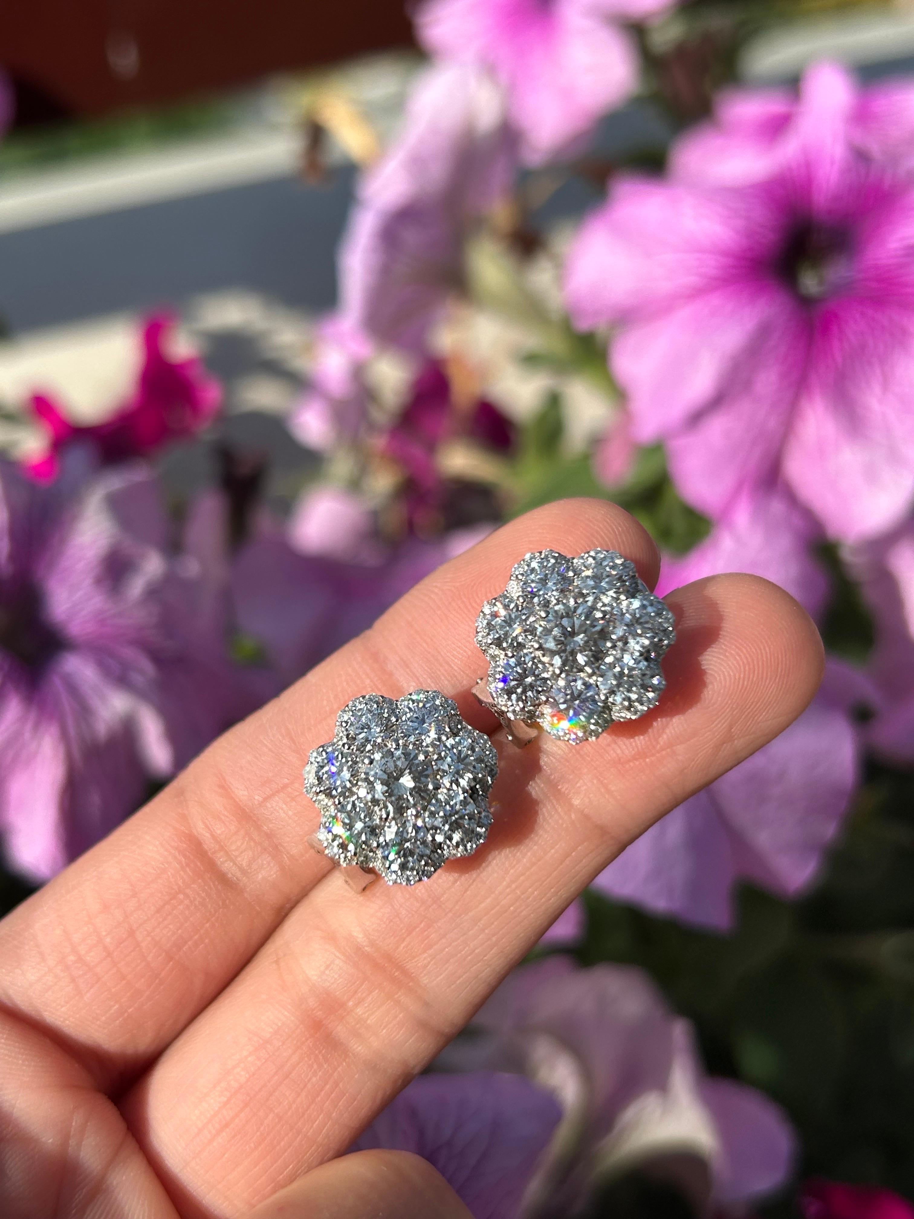 Certified 5.71 Carat Diamond Floral Cluster Studs For Sale 1