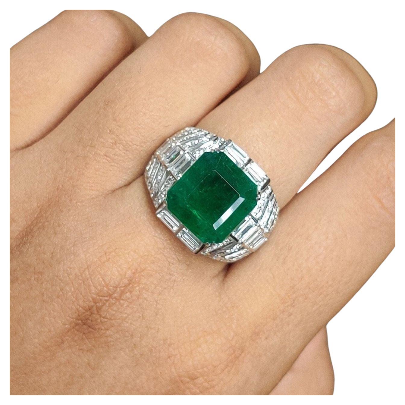 Emerald Cut Certified 5.74 Carat Zambian Green Emerald Diamond Ring  For Sale
