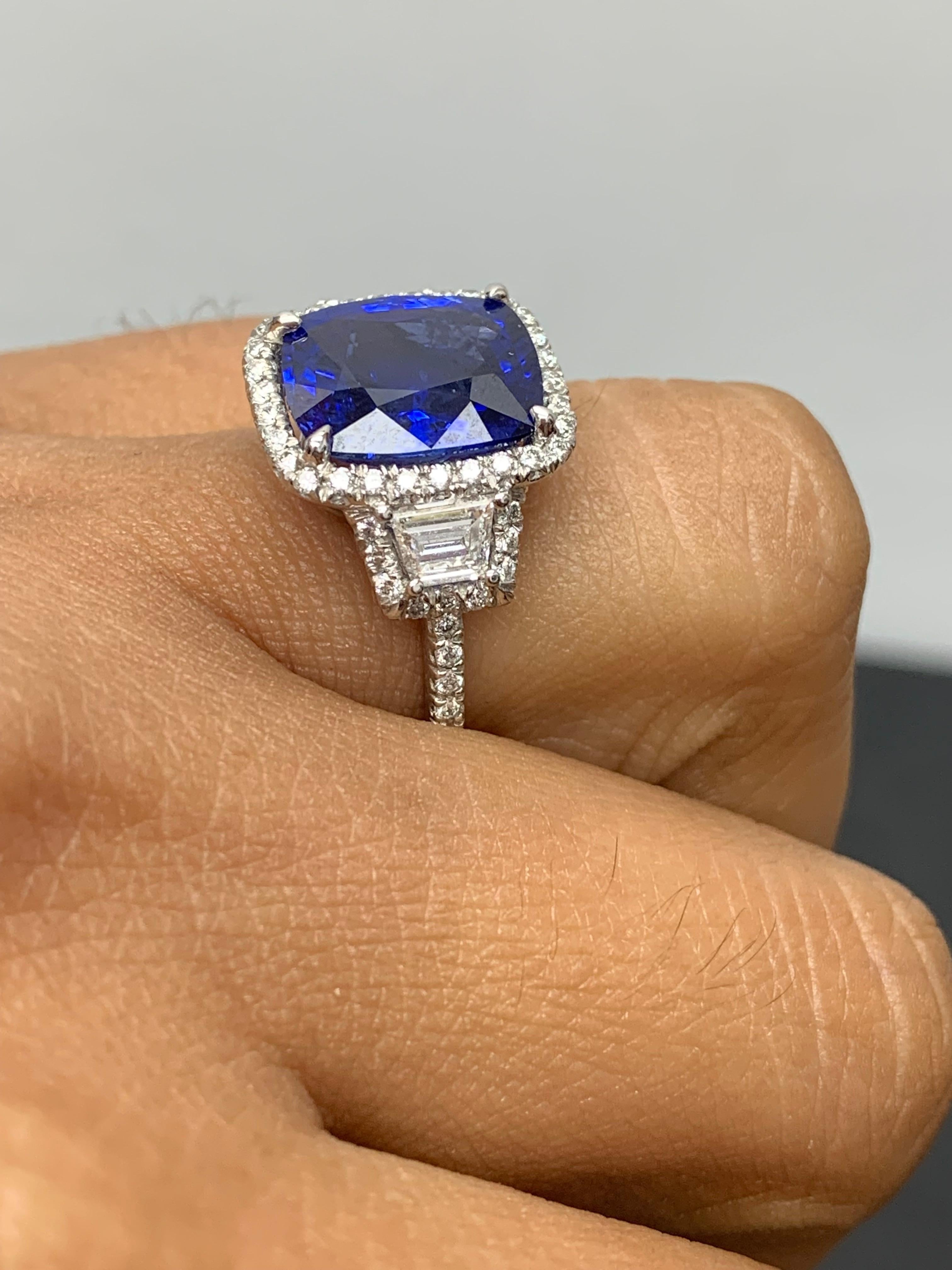 Certified 5.76 Carat Cushion Cut Sapphire Diamond 3 Stone Ring in Platinum In New Condition For Sale In NEW YORK, NY