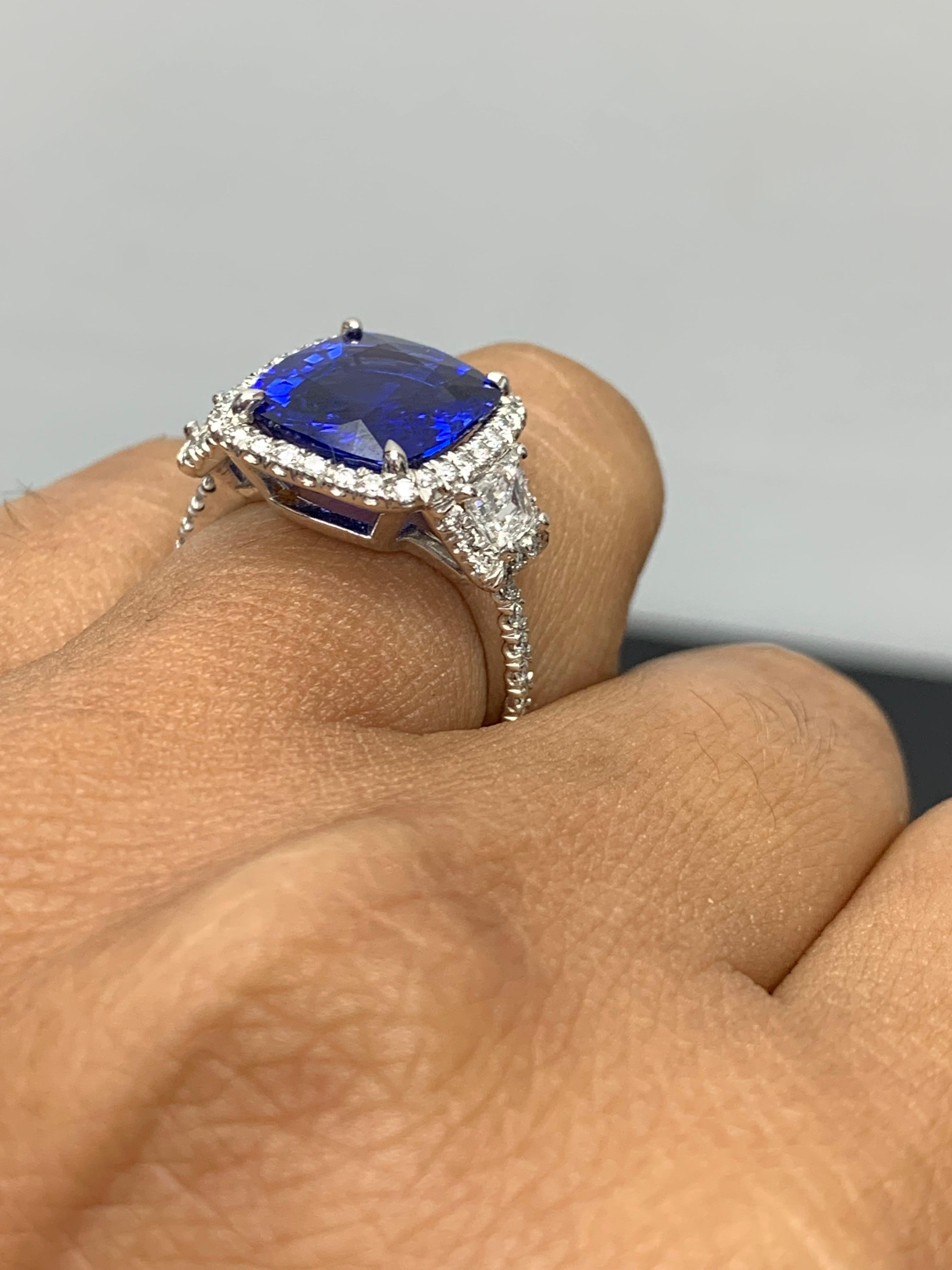 Women's or Men's Certified 5.76 Carat Cushion Cut Sapphire Diamond 3 Stone Ring in Platinum For Sale