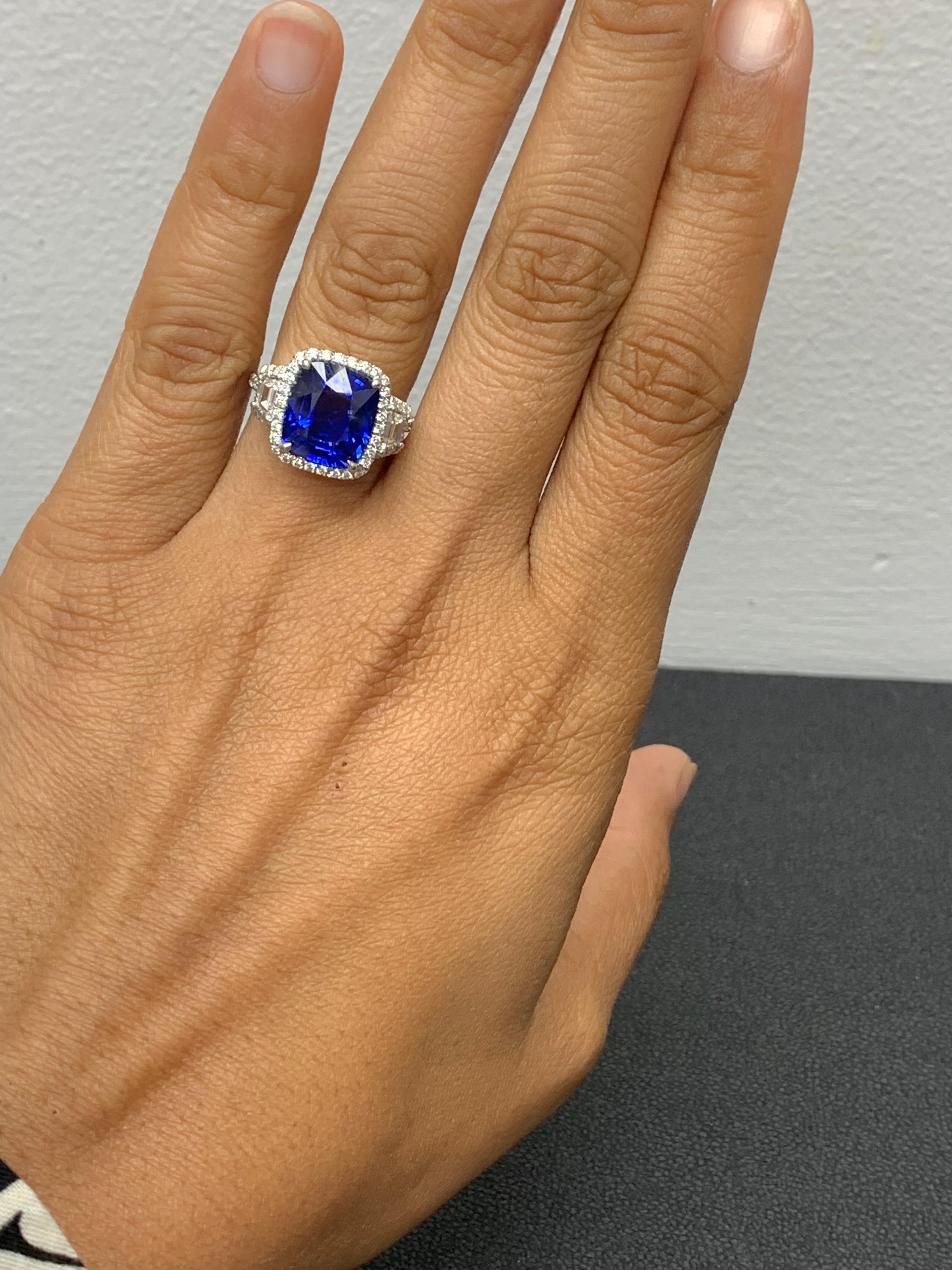 Certified 5.76 Carat Cushion Cut Sapphire Diamond 3 Stone Ring in Platinum For Sale 2