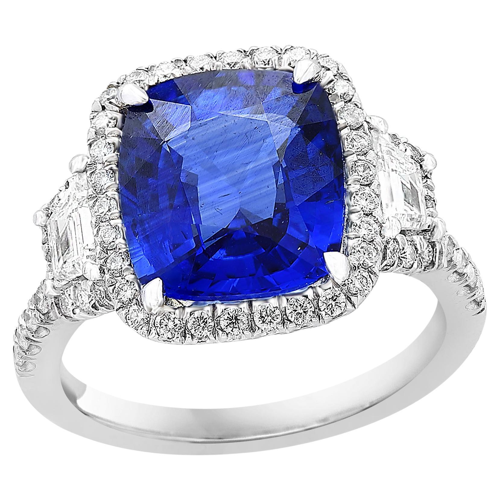 Certified 5.76 Carat Cushion Cut Sapphire Diamond 3 Stone Ring in Platinum For Sale