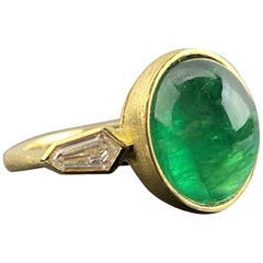 Certified 5.76 Carat Emerald Cabochon and Diamond Three Stone Ring