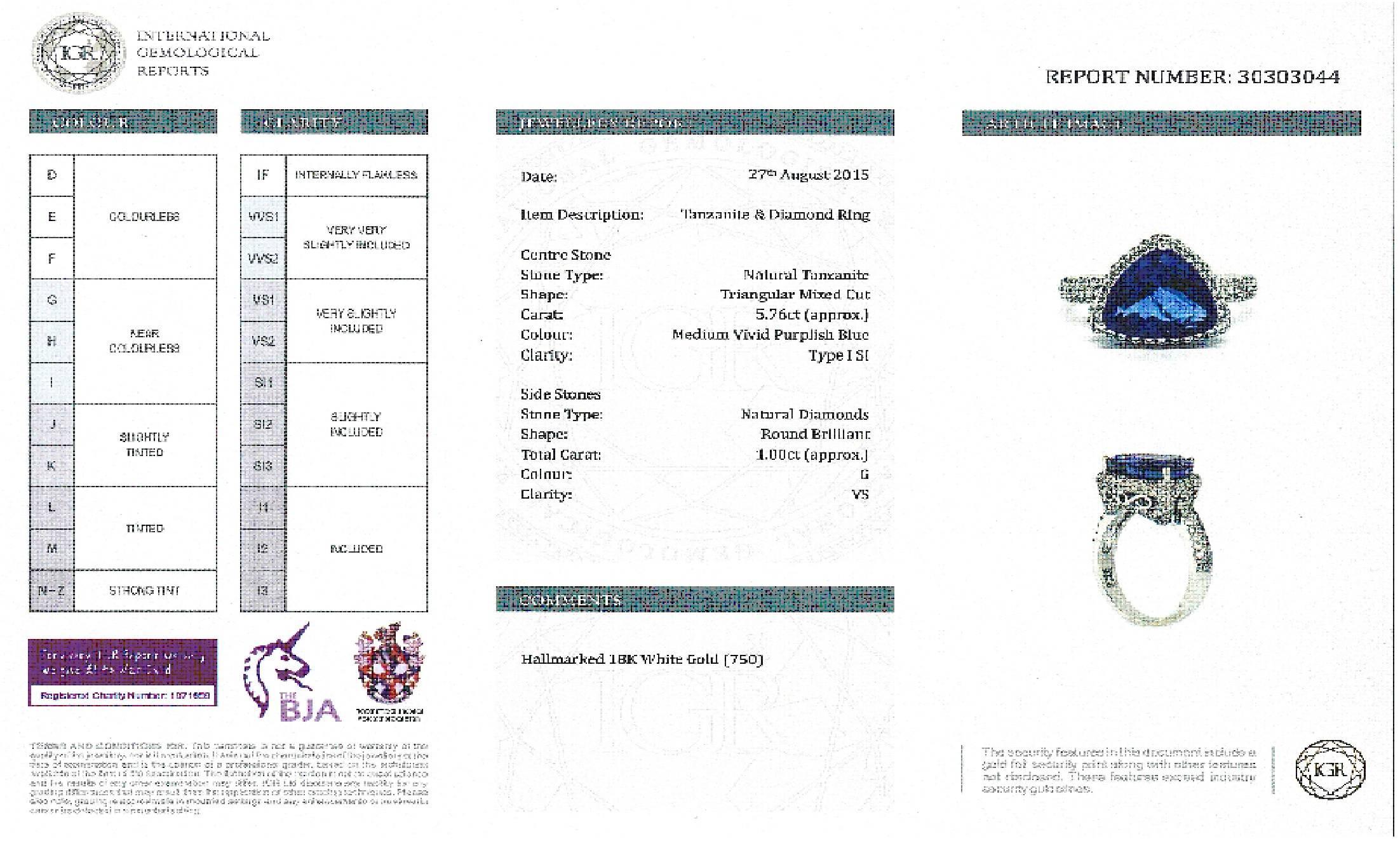 Certified 5.76 Carat Triangle Tanzanite 1.00 CT Round Diamond 18 Karat Gold Ring For Sale 1