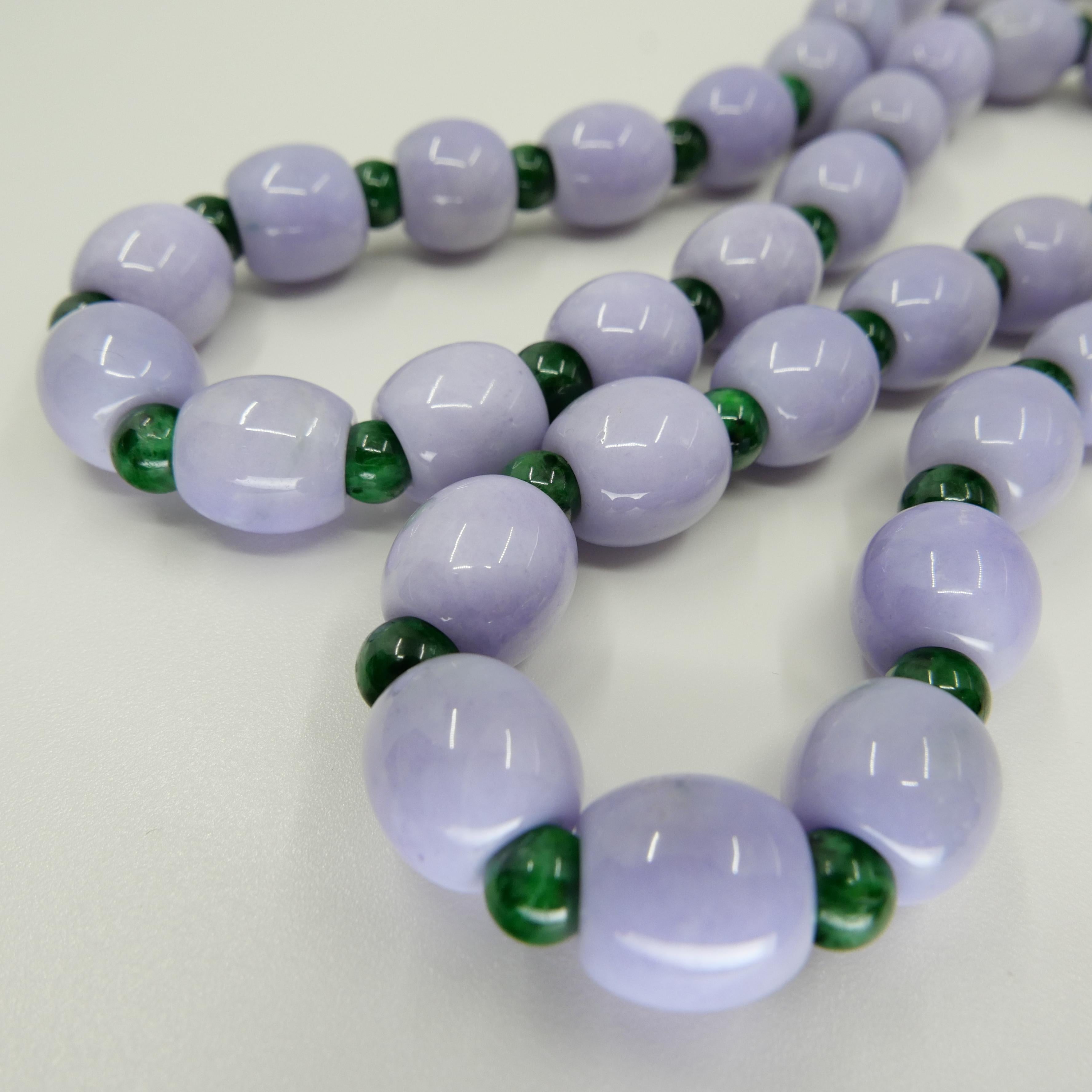 Certified 577 CTW Lavender Intense Green Jade Lotus Seed Necklace, Substantial For Sale 2