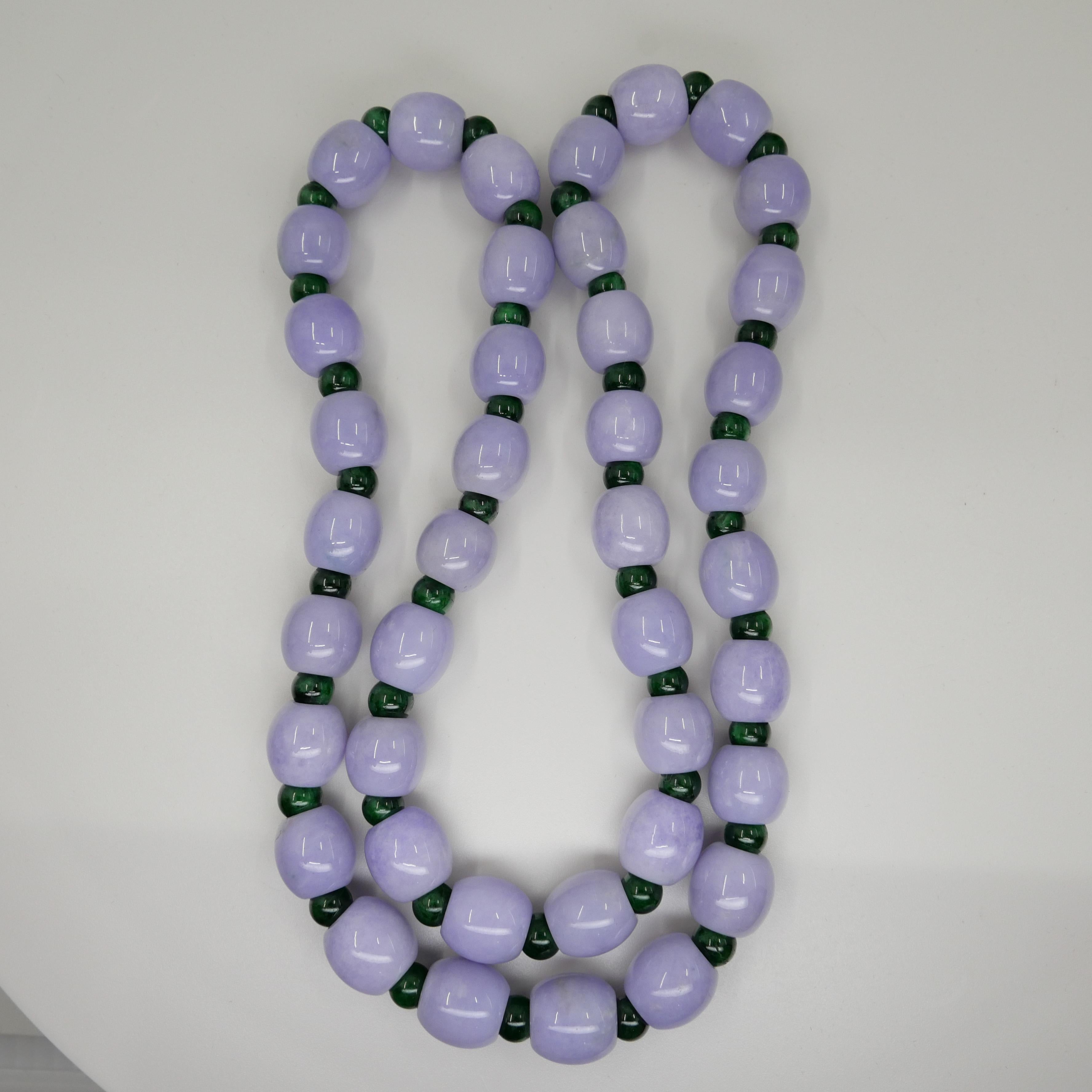Certified 577 CTW Lavender Intense Green Jade Lotus Seed Necklace, Substantial For Sale 3