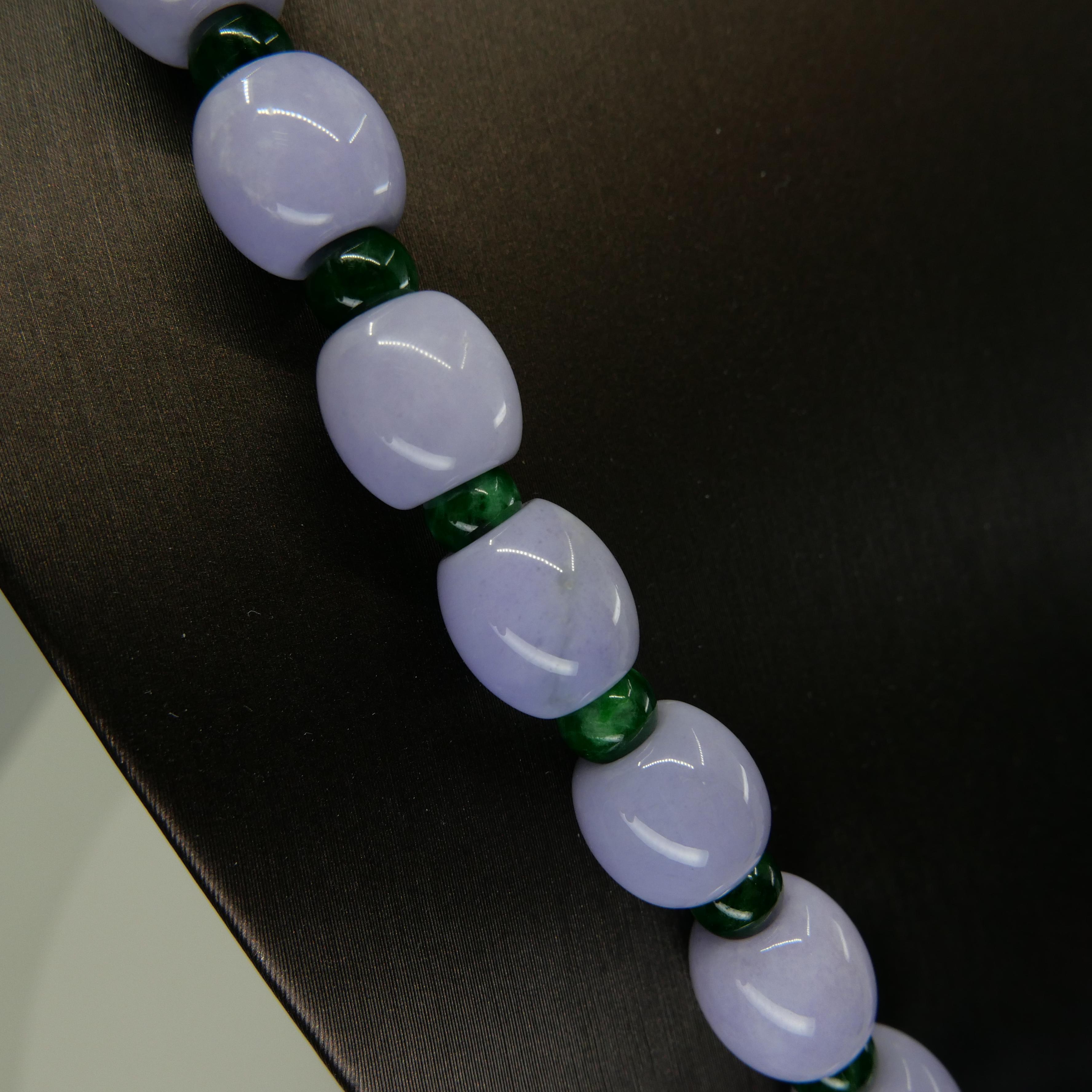 Certified 577 CTW Lavender Intense Green Jade Lotus Seed Necklace, Substantial For Sale 4