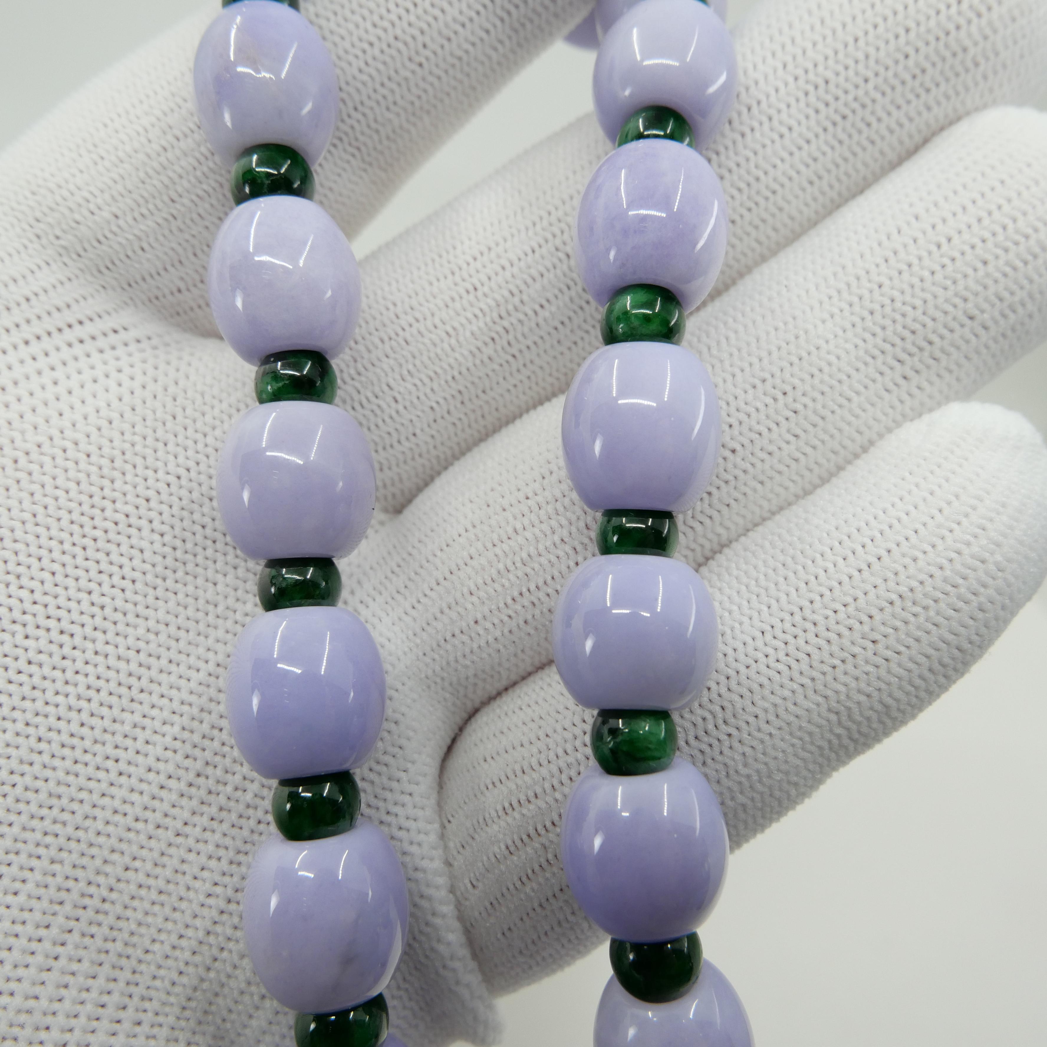 Certified 577 CTW Lavender Intense Green Jade Lotus Seed Necklace, Substantial For Sale 6