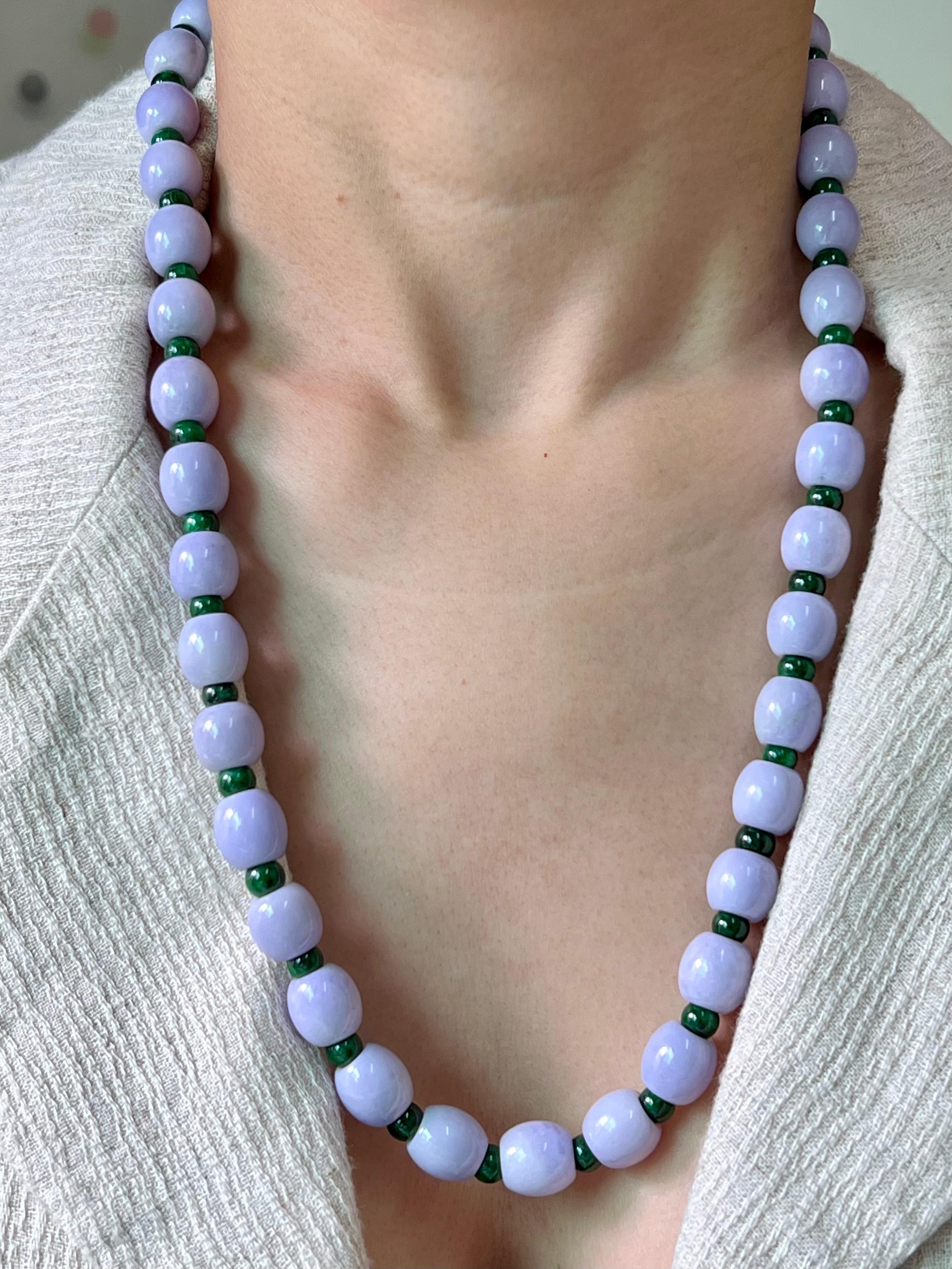 Please check out the HD video! BIG statement piece. For your consideration is an important natural lavender jade necklace. Natural Lavender jade beads (Lotus seed) of this color and size are not often seen. The purple jade beads are about 11.5mm