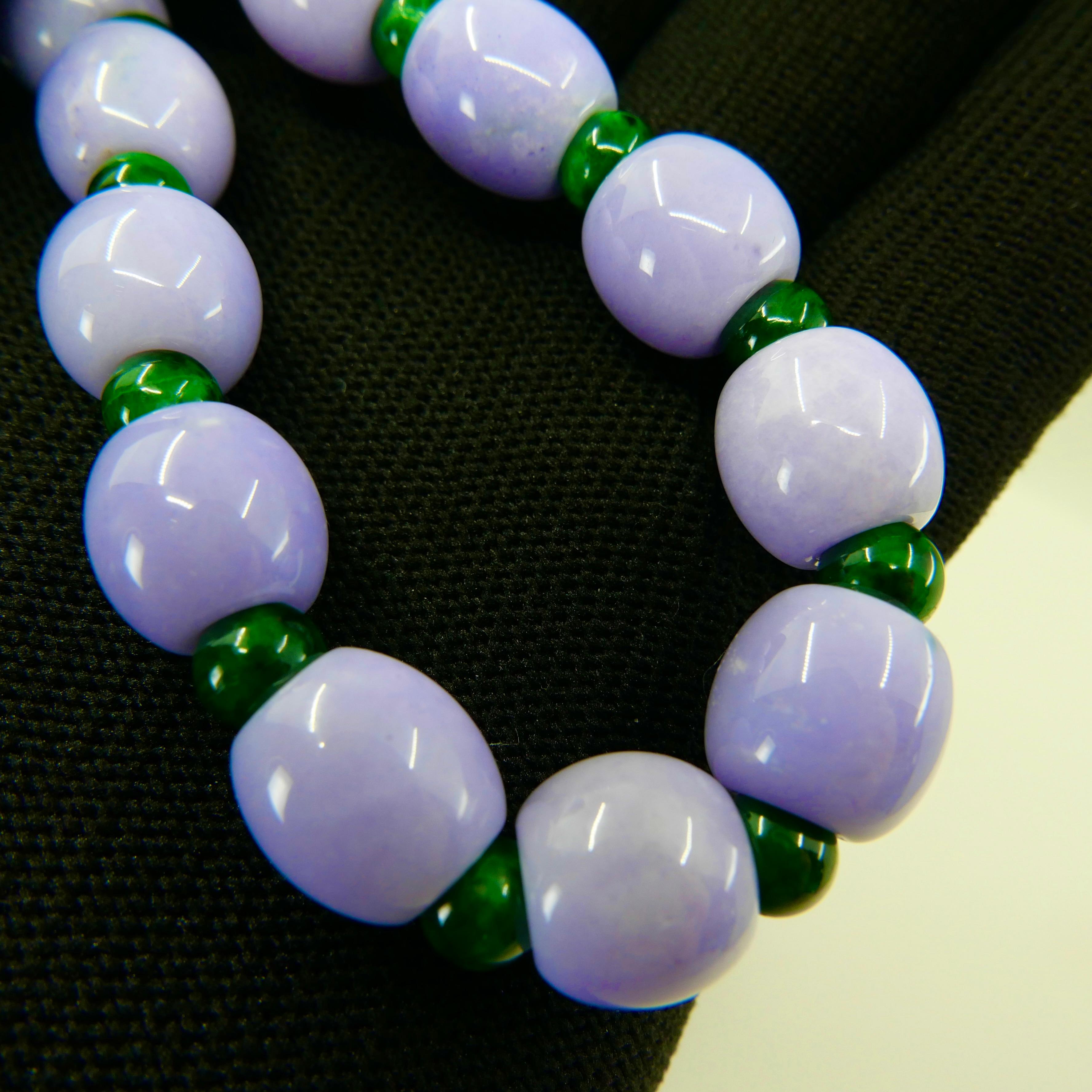 Bead Certified 577 CTW Lavender Intense Green Jade Lotus Seed Necklace, Substantial For Sale