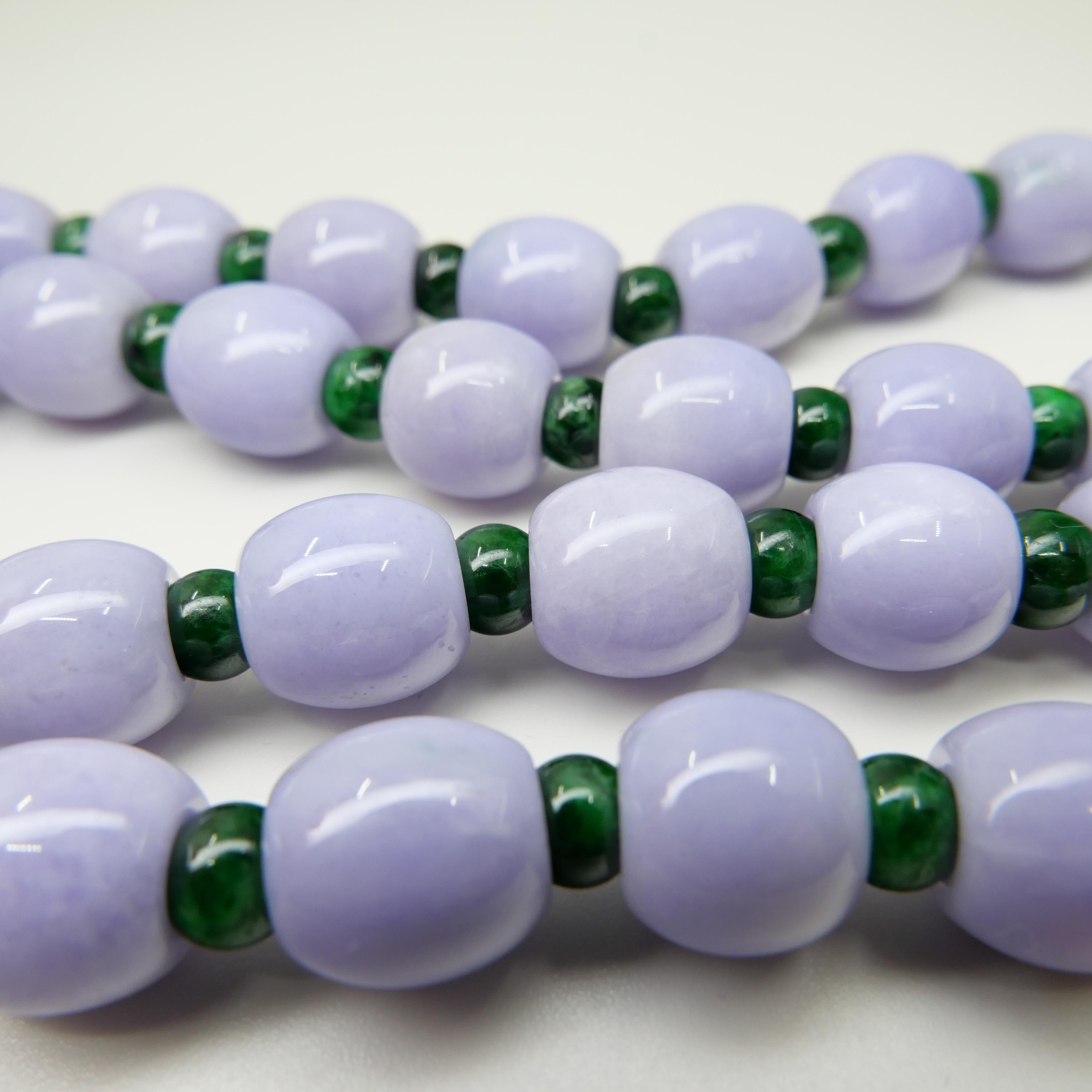 Women's Certified 577 CTW Lavender Intense Green Jade Lotus Seed Necklace, Substantial For Sale