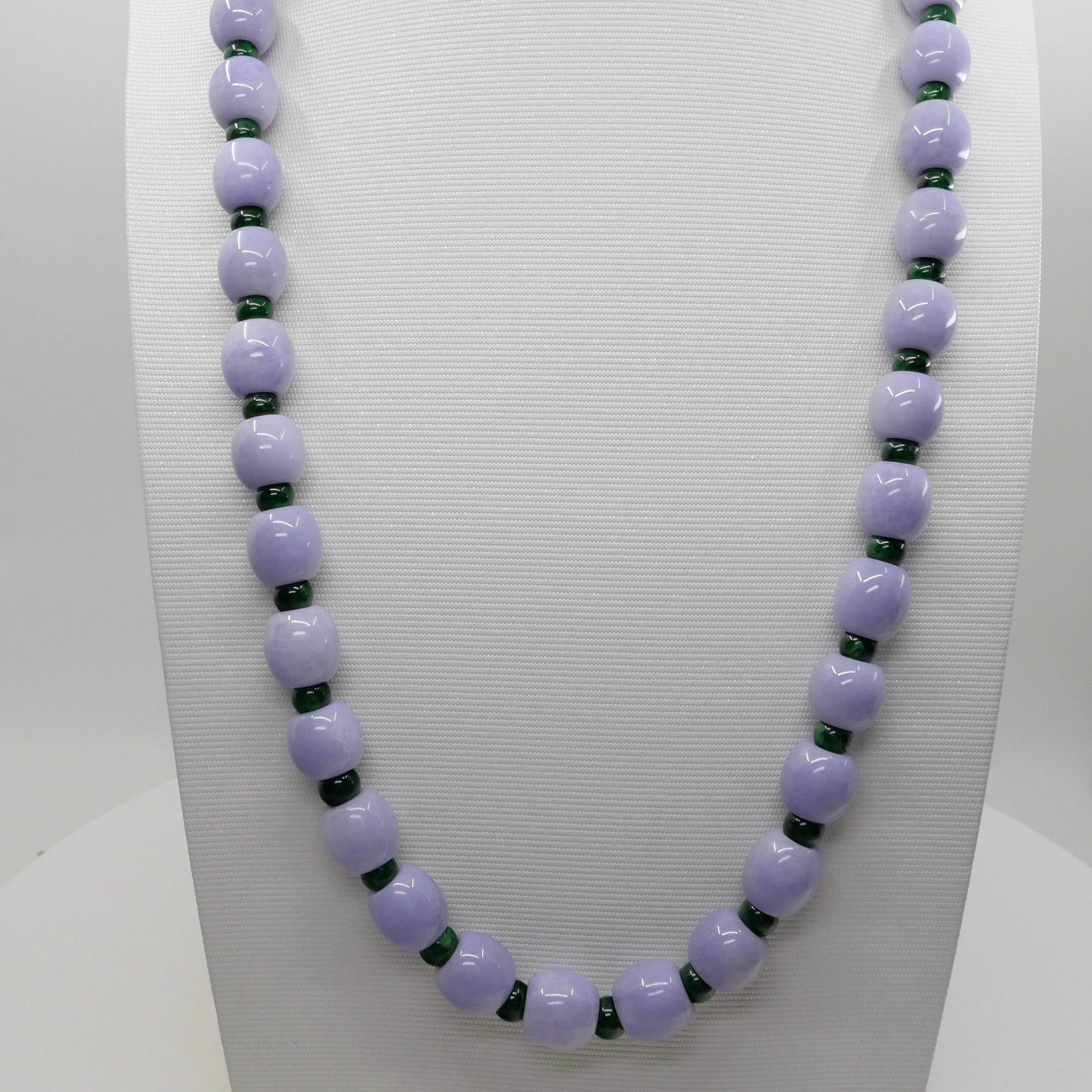 Certified 577 CTW Lavender Intense Green Jade Lotus Seed Necklace, Substantial For Sale 1