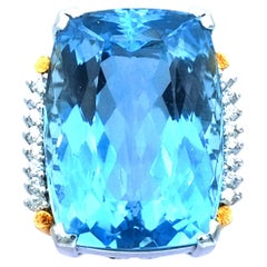 Certified 58 ct Blue Topaz Diamond Platinum and Gold Cocktail Ring circa 1940