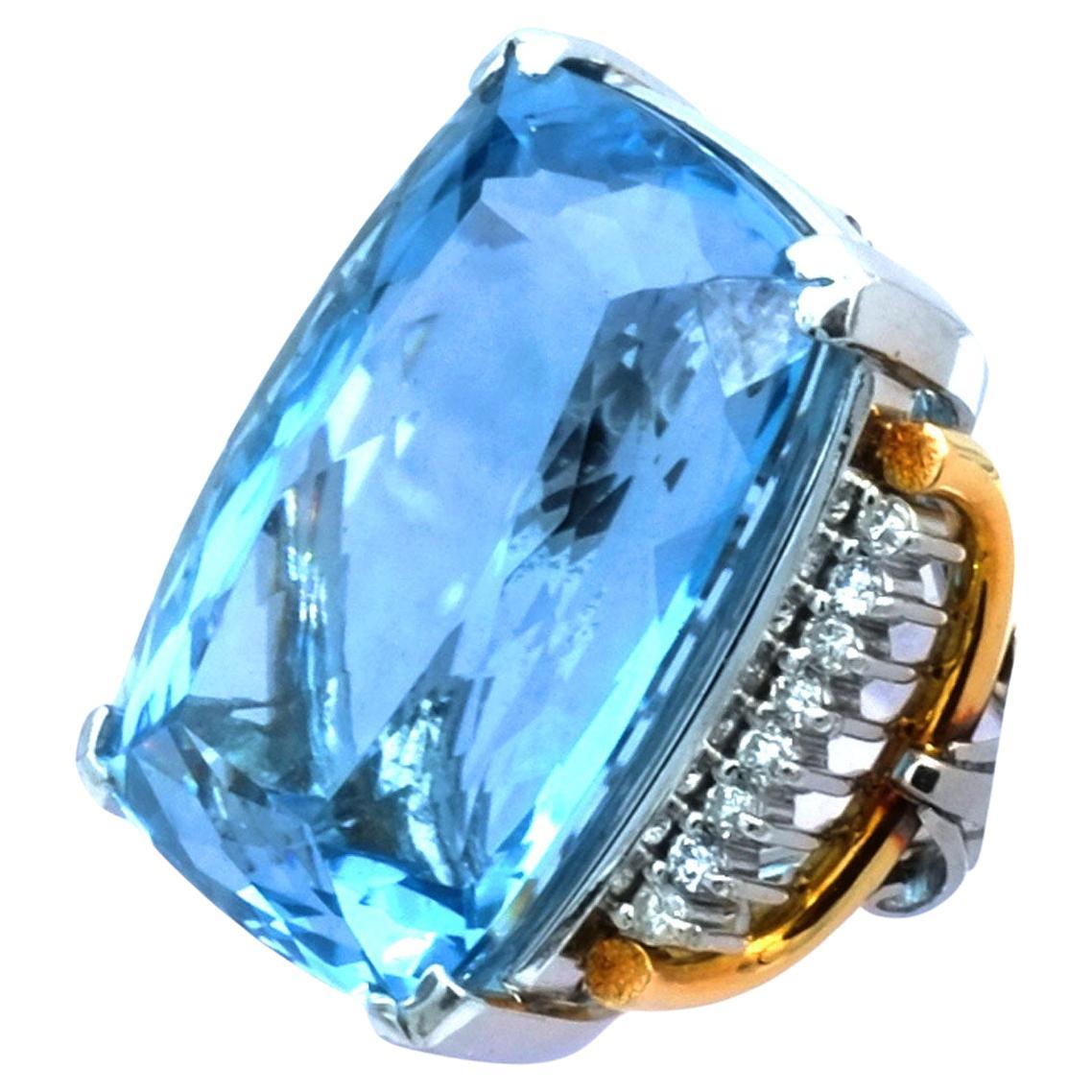 Retro Certified 58 ct Blue Topaz Diamond Platinum and Gold Cocktail Ring circa 1940 For Sale