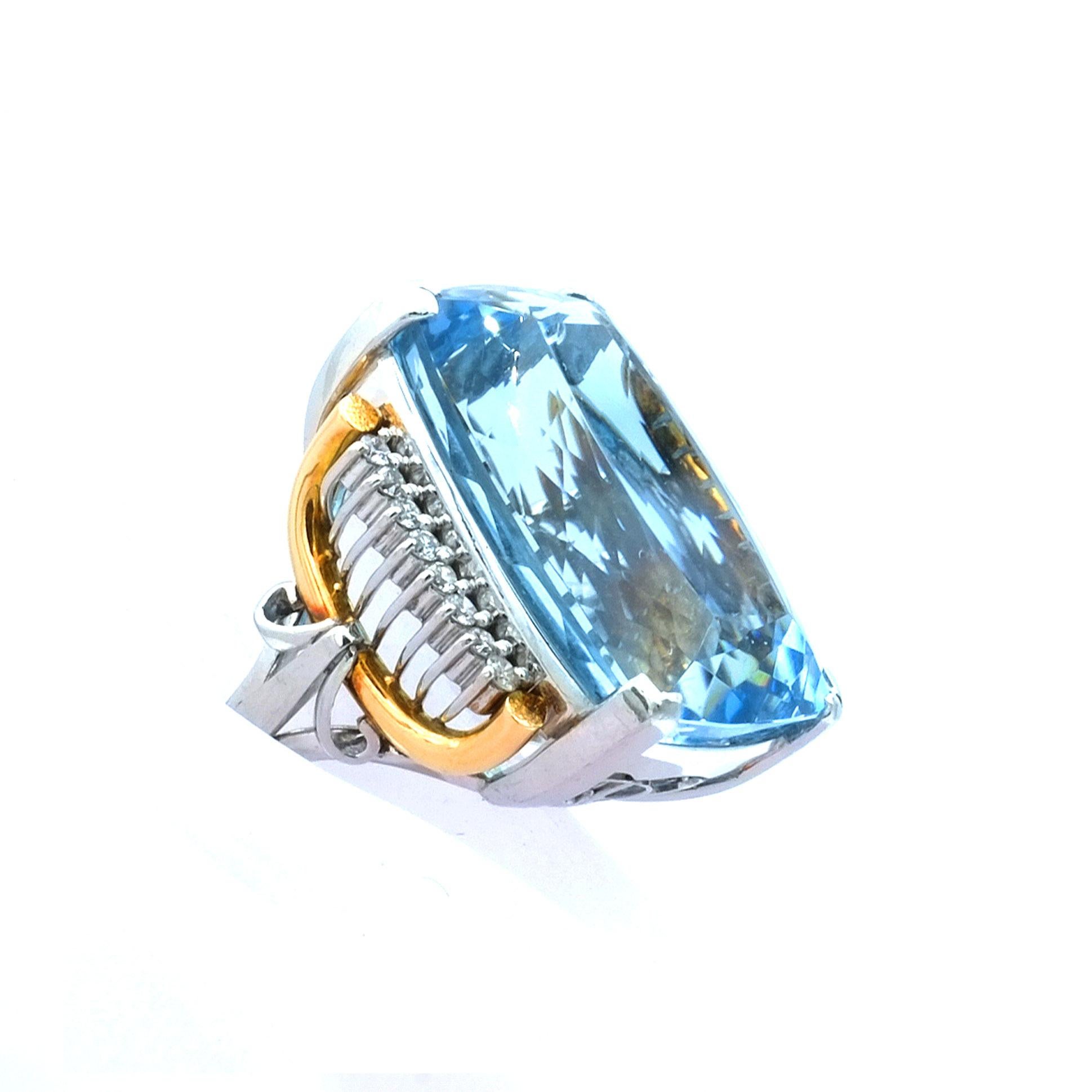Baguette Cut Certified 58 ct Blue Topaz Diamond Platinum and Gold Cocktail Ring circa 1940 For Sale