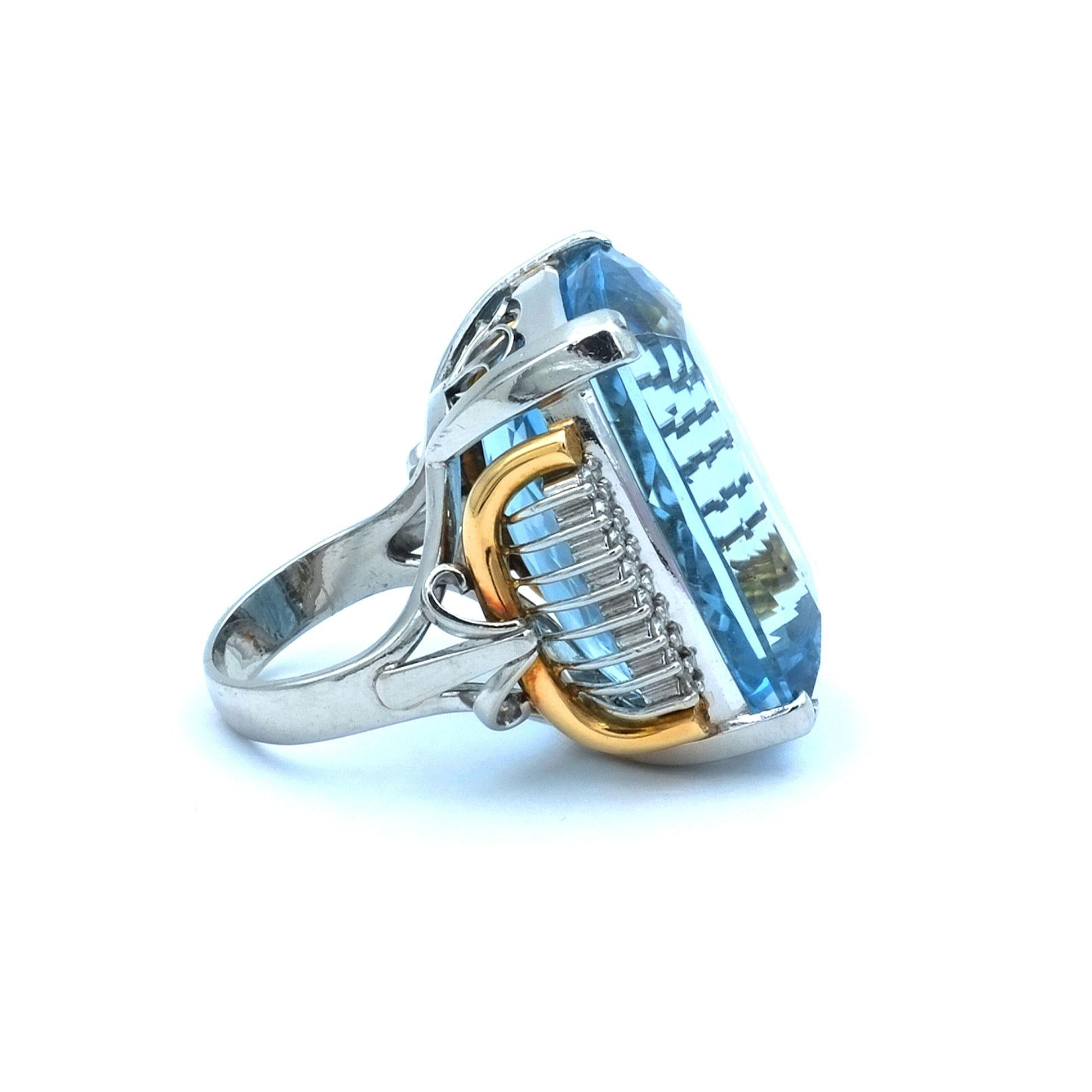 Certified 58 ct Blue Topaz Diamond Platinum and Gold Cocktail Ring circa 1940 In Good Condition For Sale In Goettingen, DE