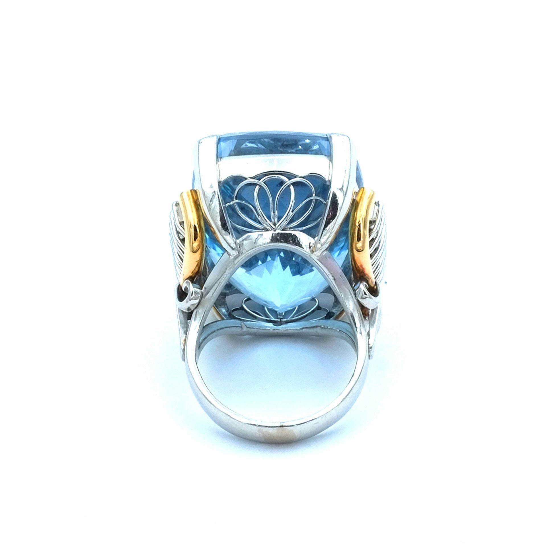 Women's Certified 58 ct Blue Topaz Diamond Platinum and Gold Cocktail Ring circa 1940 For Sale