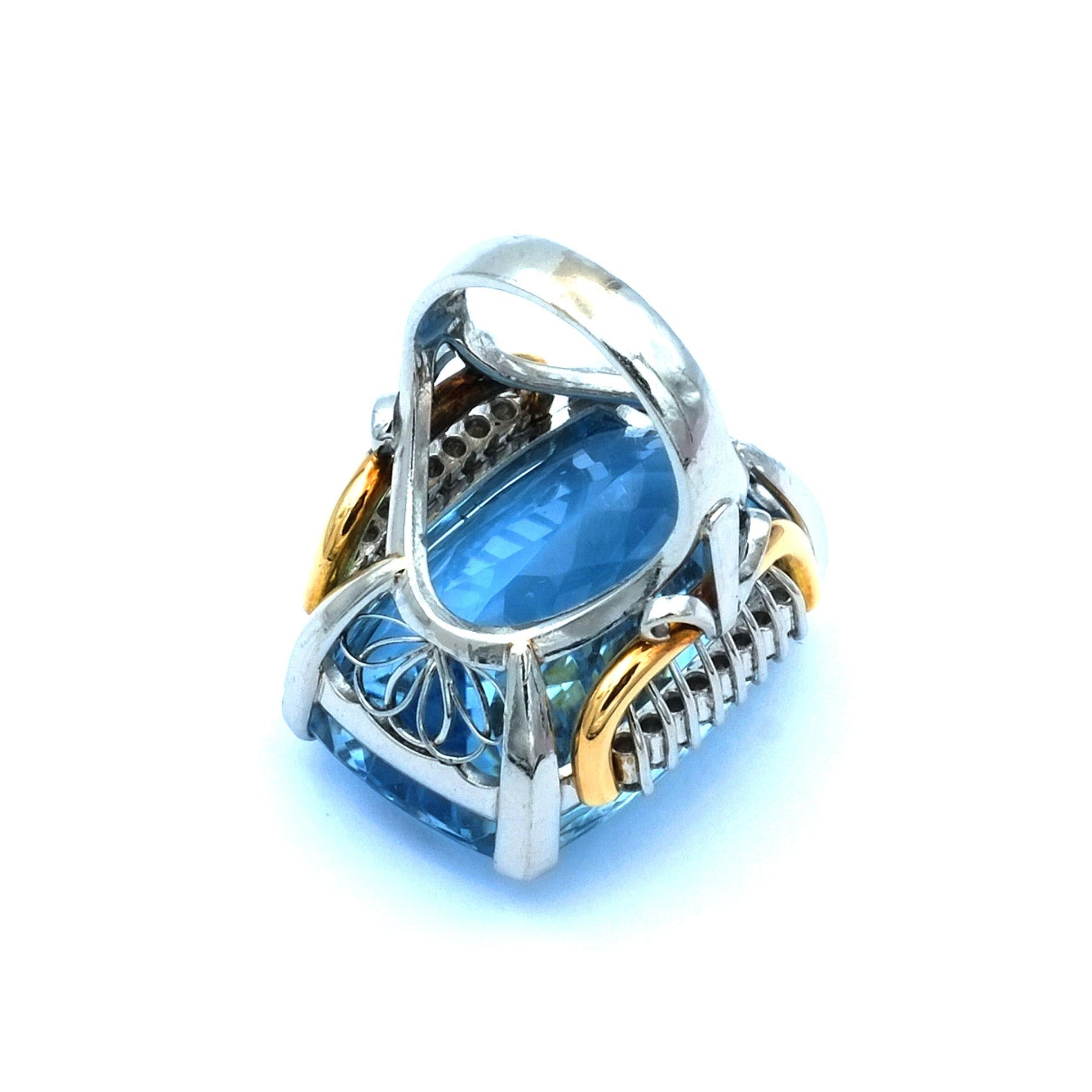 Certified 58 ct Blue Topaz Diamond Platinum and Gold Cocktail Ring circa 1940 For Sale 1