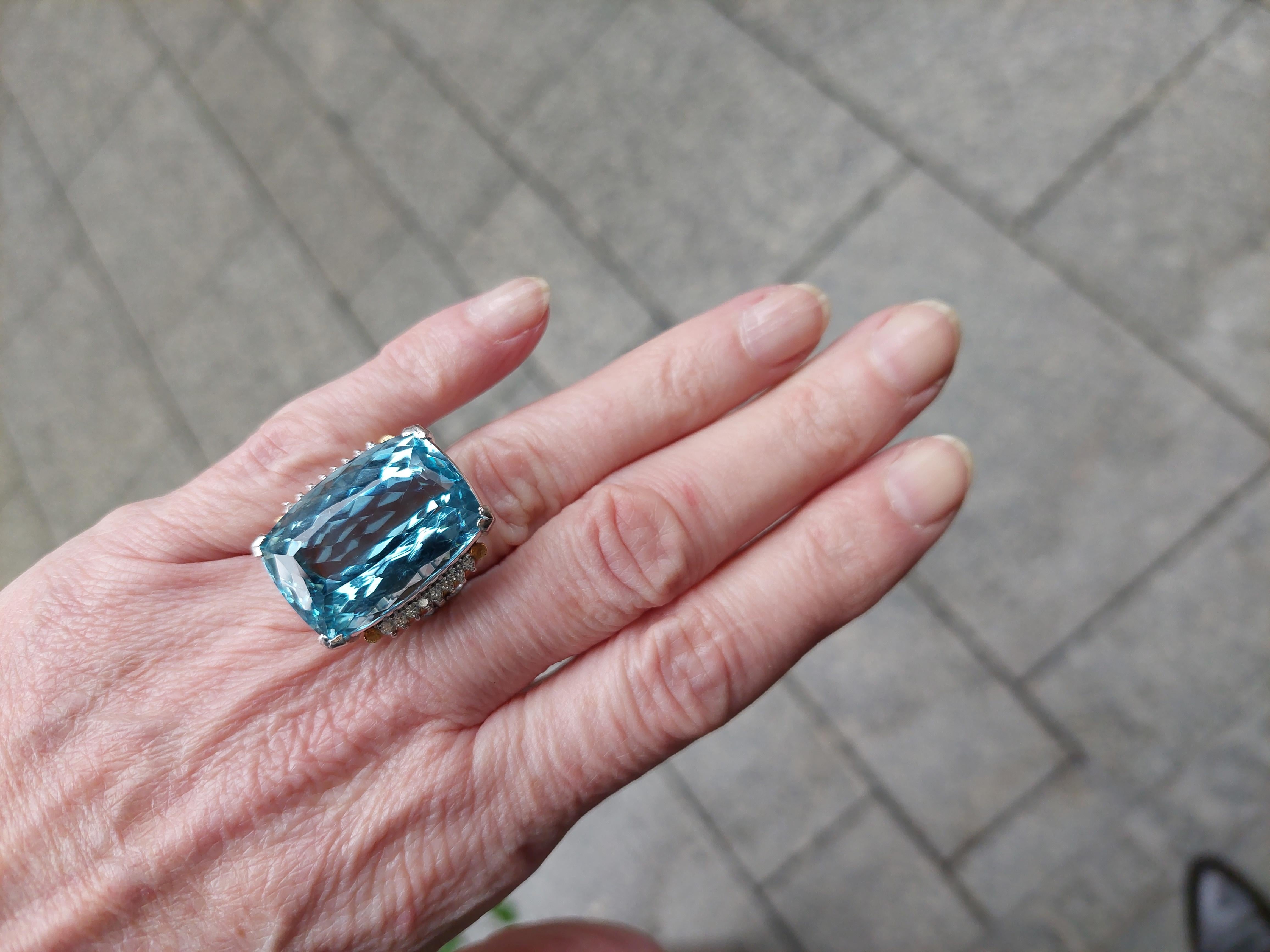 Certified 58 ct Blue Topaz Diamond Platinum and Gold Cocktail Ring circa 1940 For Sale 3
