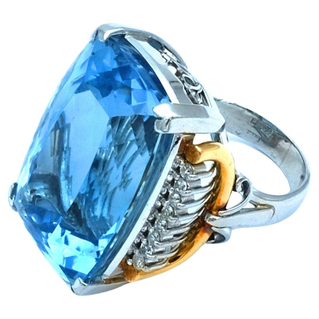 Certified 58 ct Blue Topaz Diamond Platinum and Gold Cocktail Ring circa 1940 For Sale