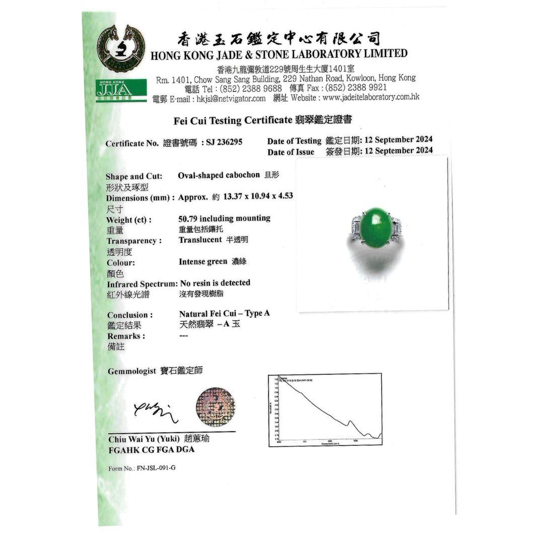 Women's Certified 5.80 Carat Natural Jadeite Jade and Baguette Diamond Platinum Ring For Sale