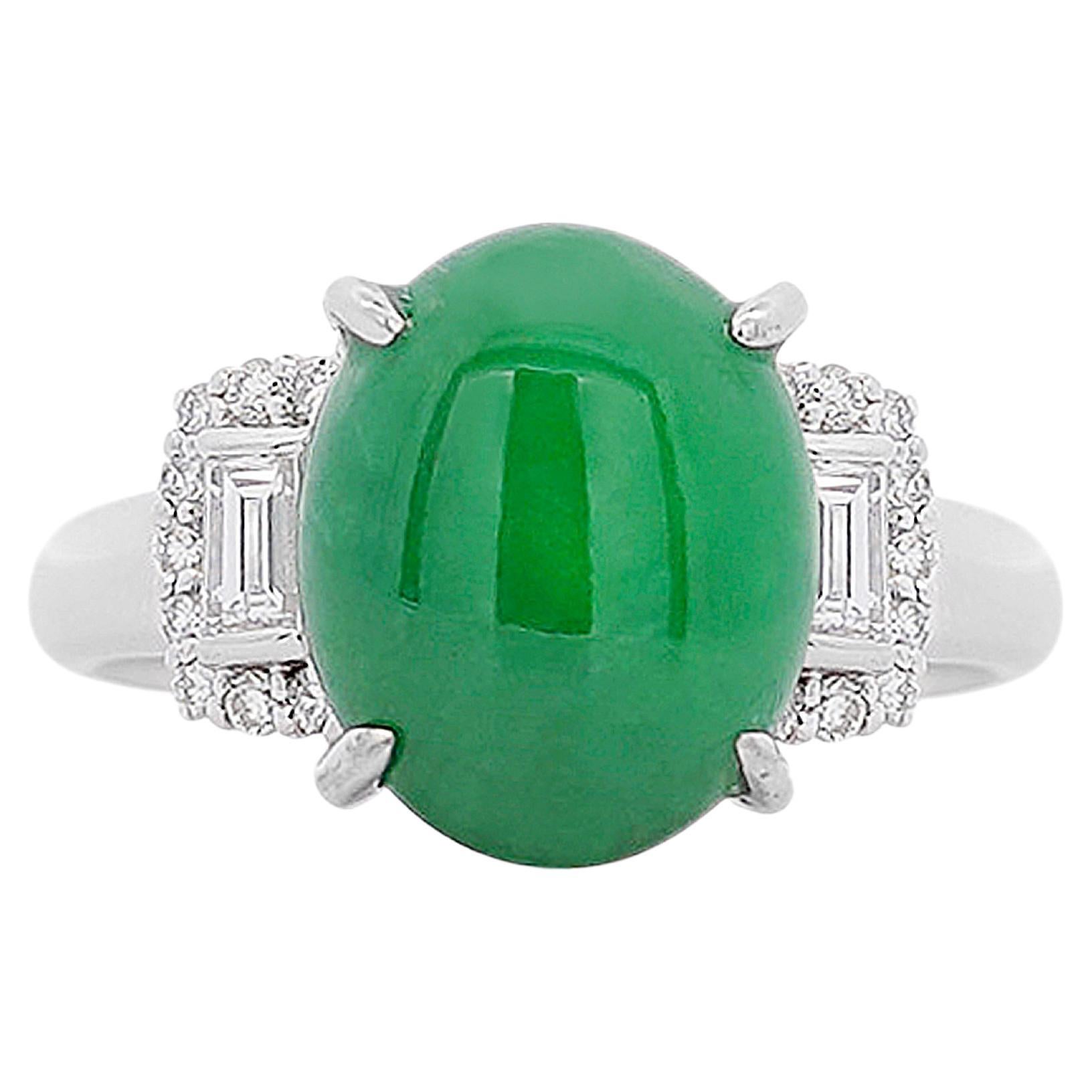 Certified 5.80 Carat Natural Jadeite Jade and Baguette Diamond Platinum Ring For Sale