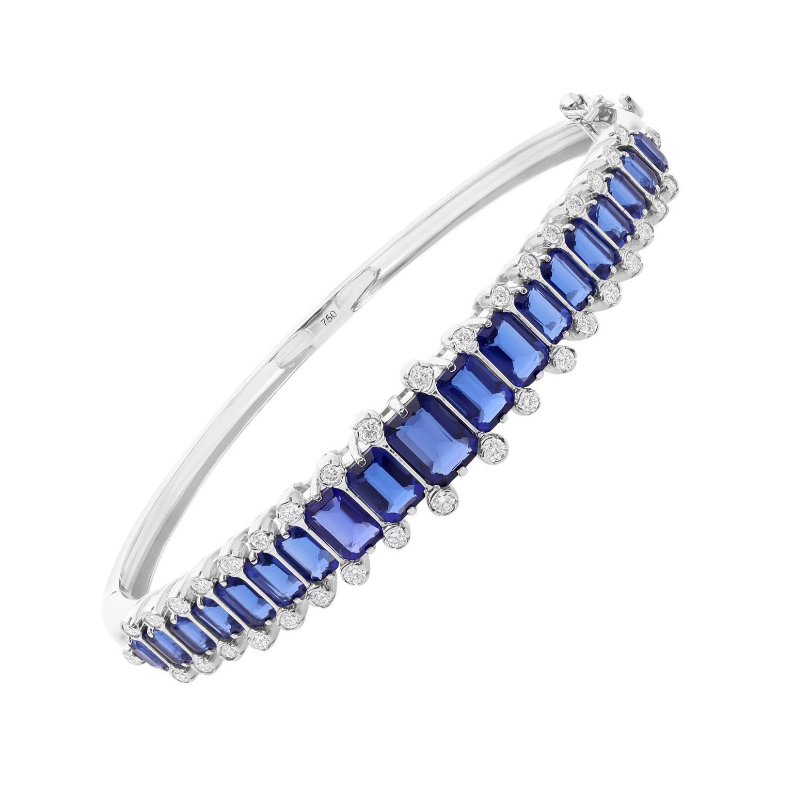 Certified 5.89Ct Octagon Blue Sapphire Diamond Bangle Bracelet 18k White Gold For Sale