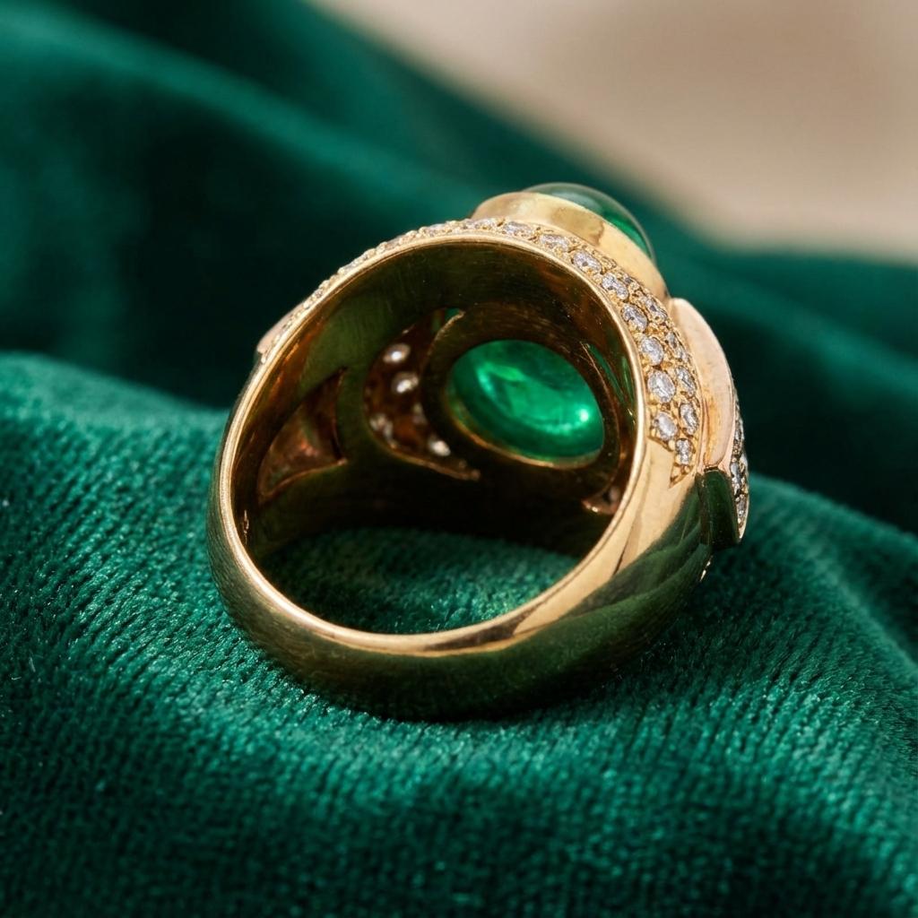 Taille ovale Bague en or jaune 18k avec émeraude colombienne certifiée de 5,90 carats et diamant en vente