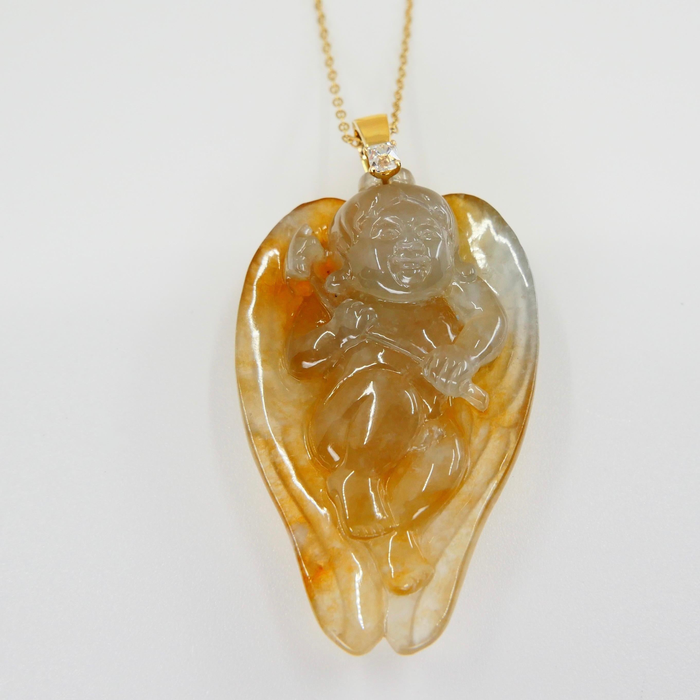 Collier pendentif en forme de goutte Cupidon/ange en jade jadéite glacée certifiée 59,5 carats de type A en vente 5