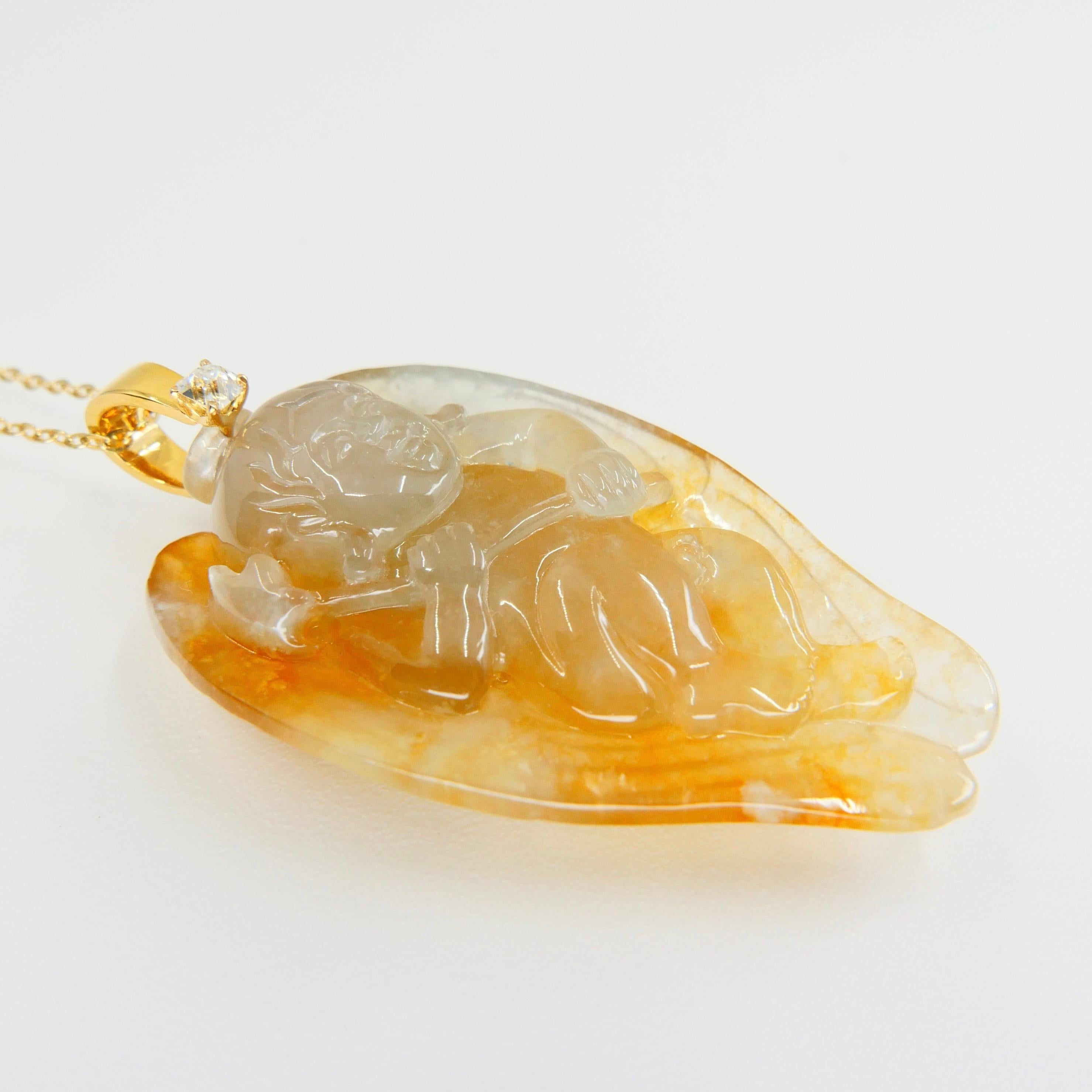 Collier pendentif en forme de goutte Cupidon/ange en jade jadéite glacée certifiée 59,5 carats de type A en vente 6