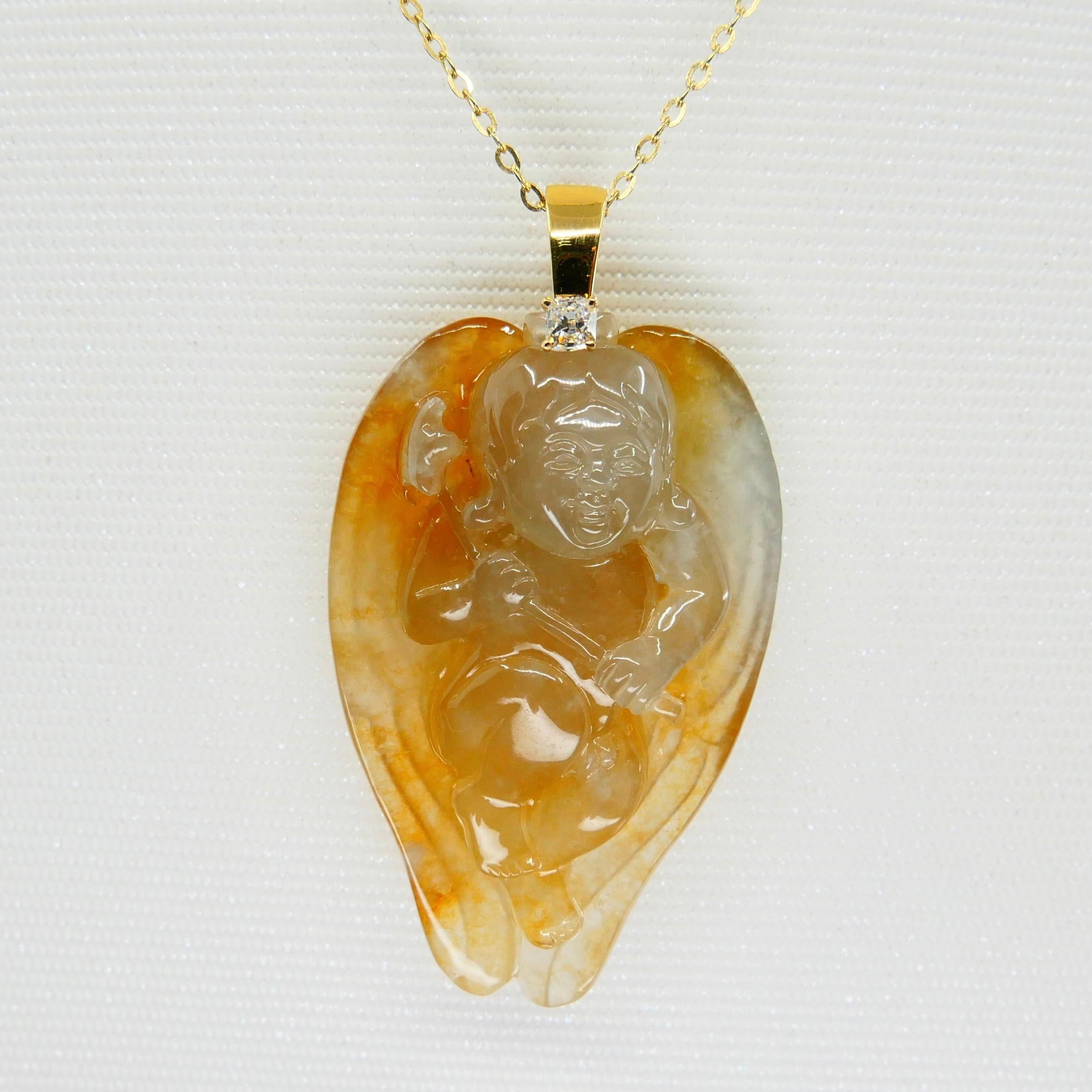 Collier pendentif en forme de goutte Cupidon/ange en jade jadéite glacée certifiée 59,5 carats de type A Unisexe en vente