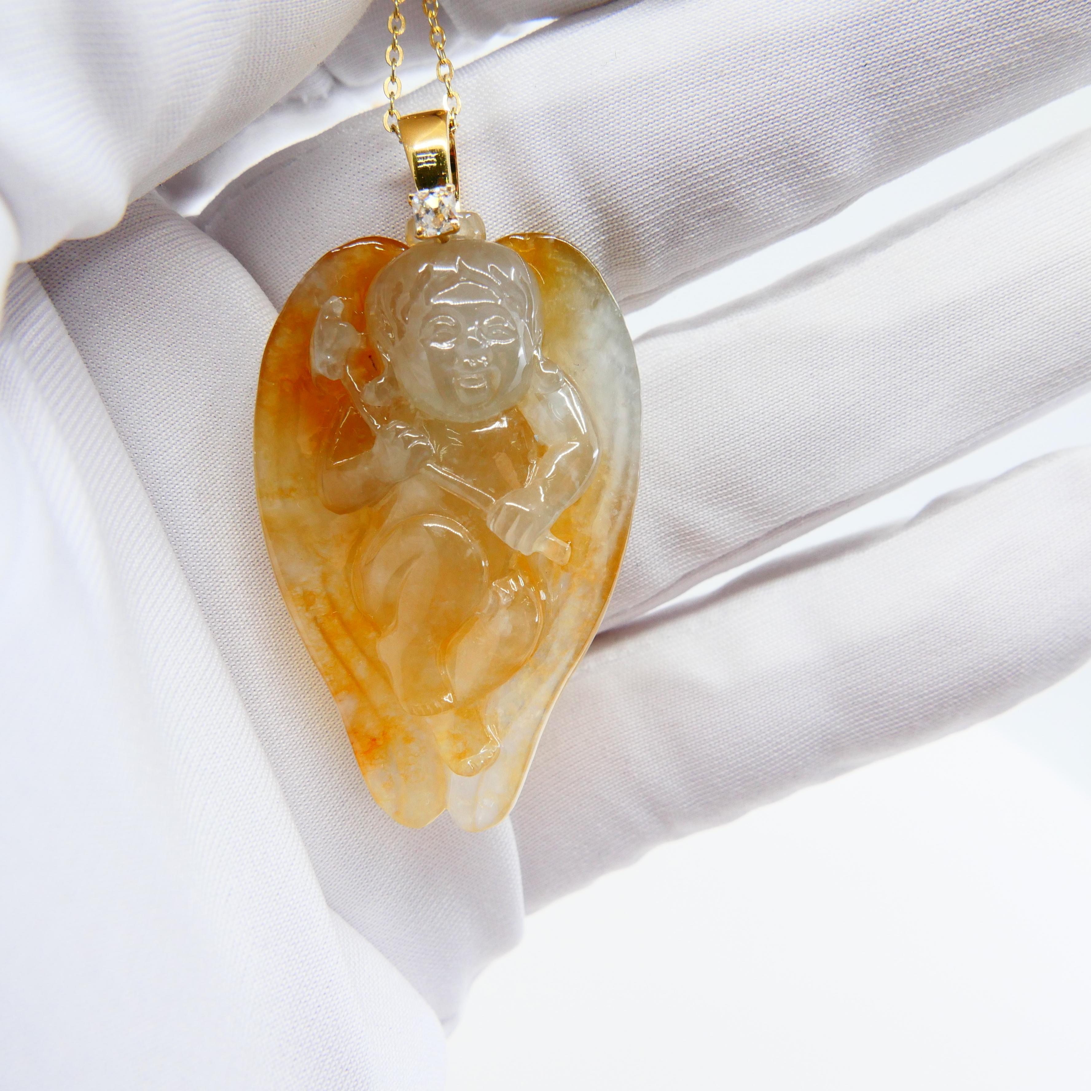 Collier pendentif en forme de goutte Cupidon/ange en jade jadéite glacée certifiée 59,5 carats de type A en vente 2