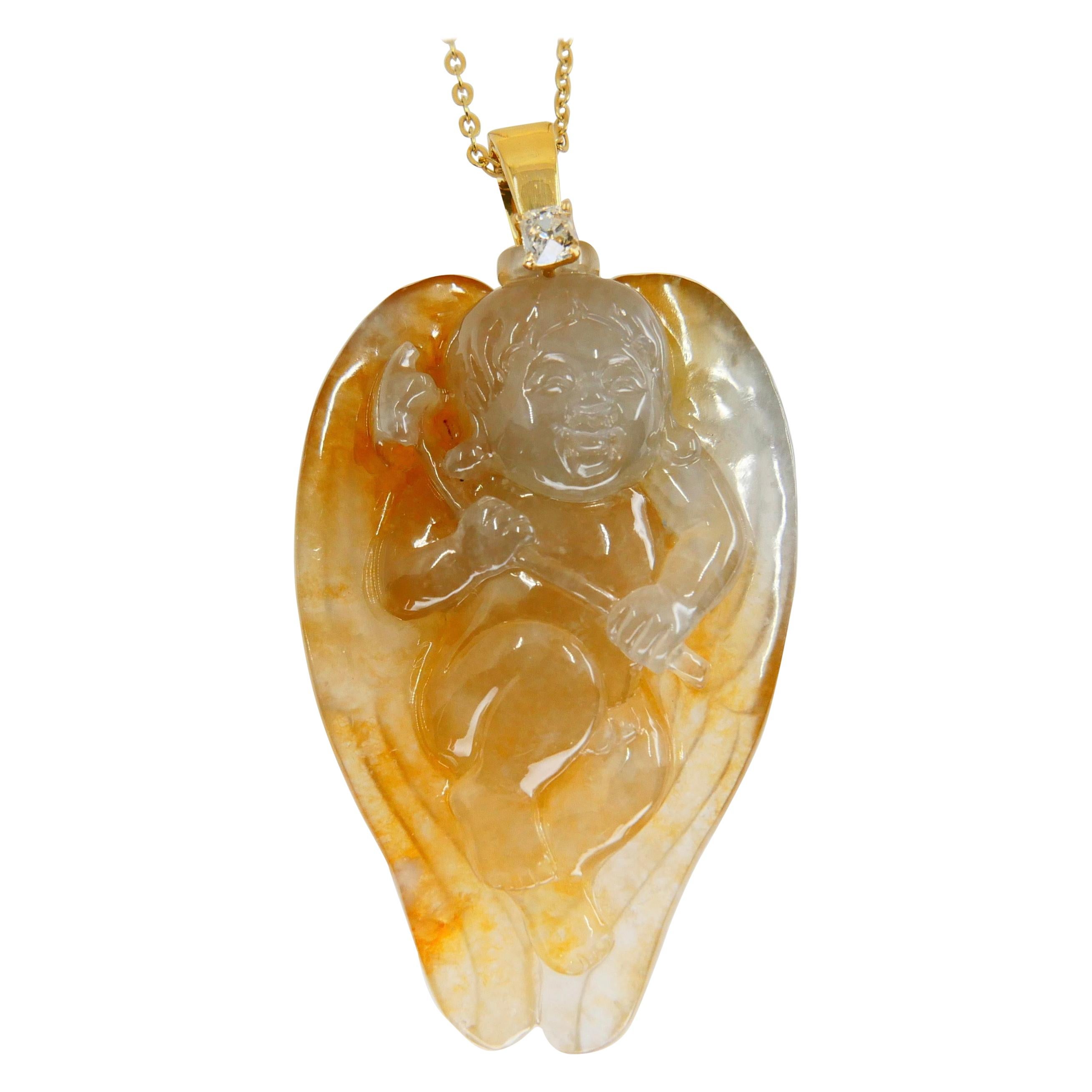 Collier pendentif en forme de goutte Cupidon/ange en jade jadéite glacée certifiée 59,5 carats de type A en vente