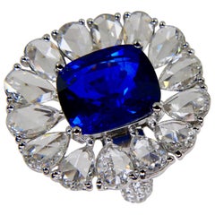 Certified 6 Carat Ceylon Royal Blue Sapphire and Rose Cut Diamond Cocktail Ring