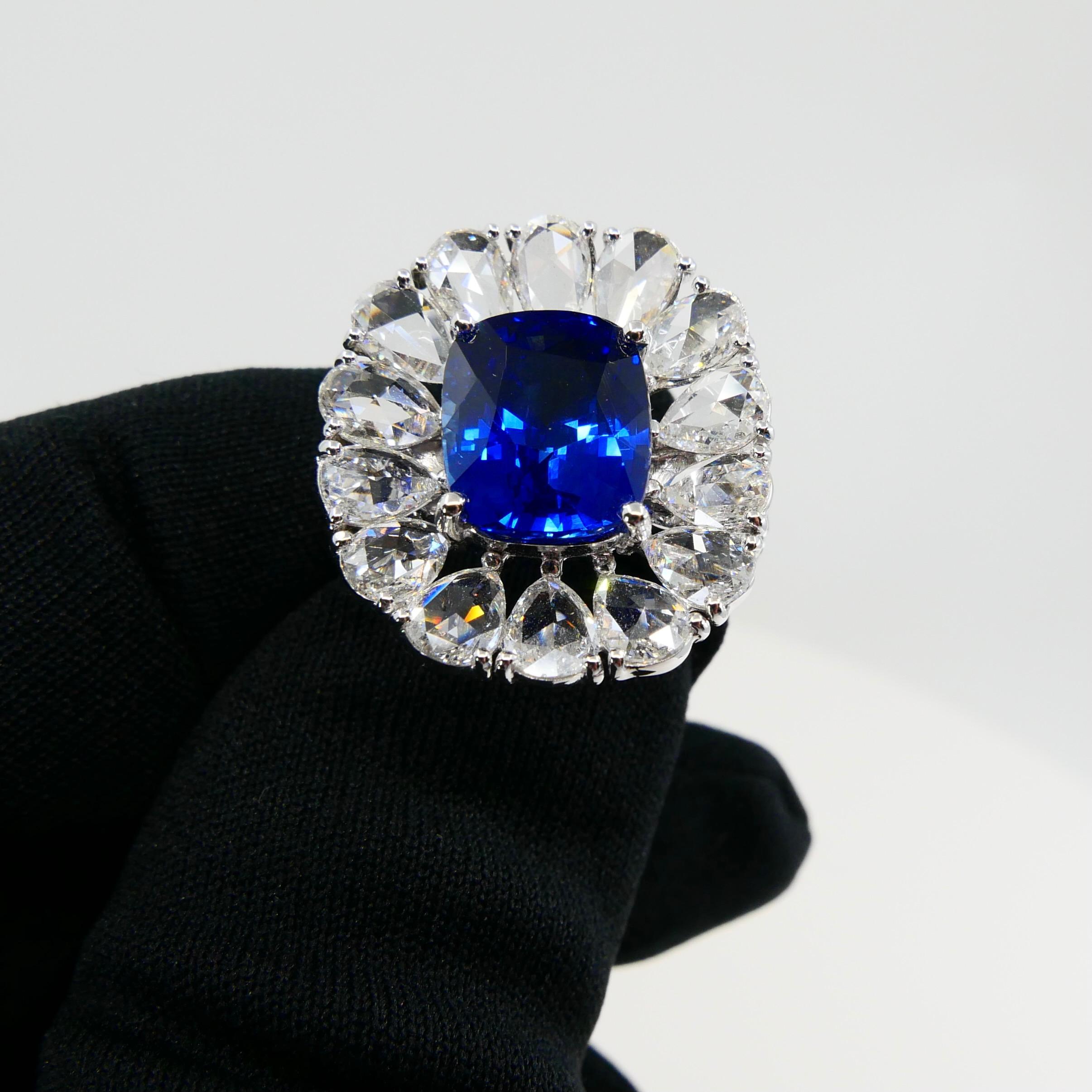 Certified 6 Carat Ceylon Royal Blue Sapphire and Rose Cut Diamond Cocktail Ring 4